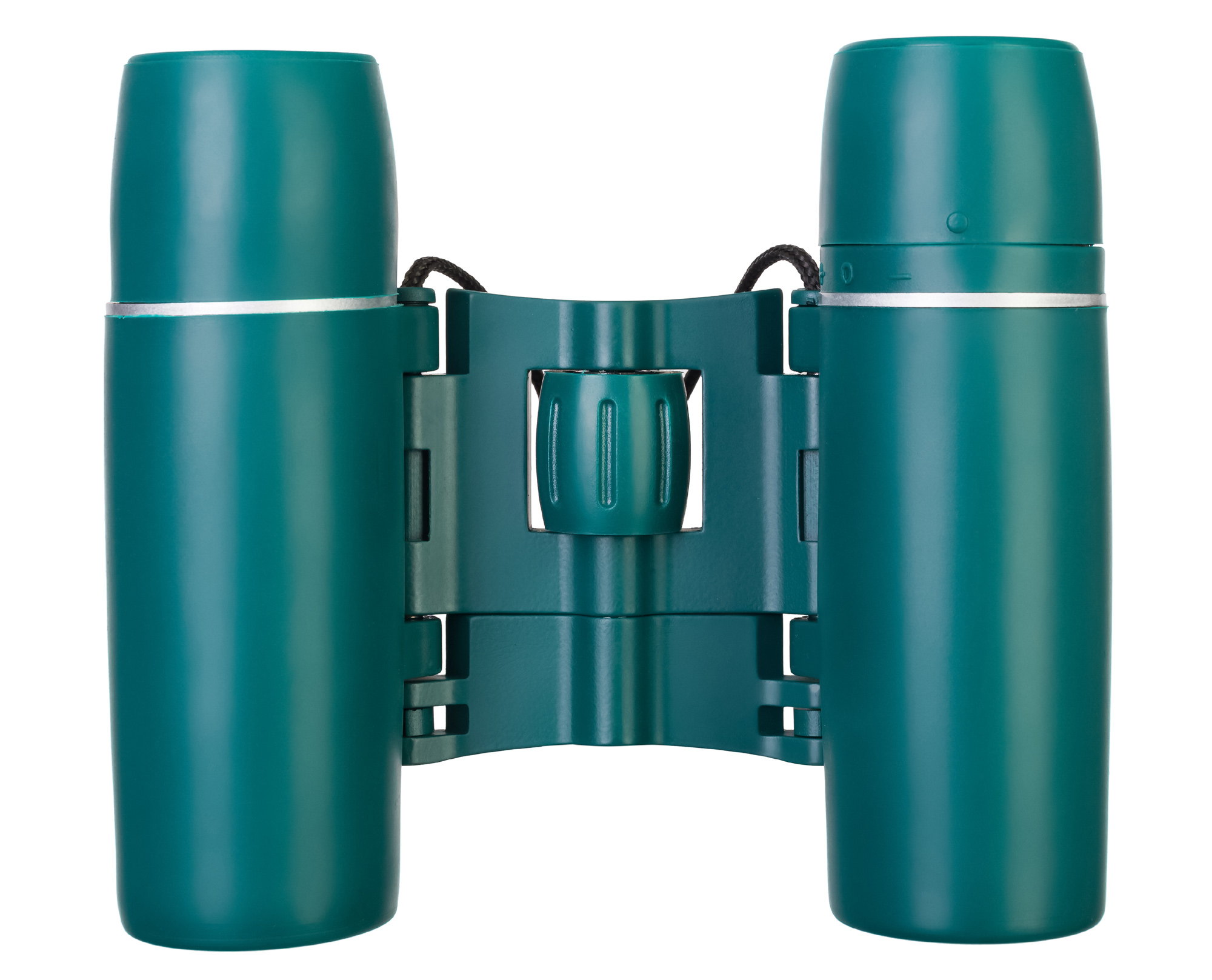 Binocolo verde, primo piano, con cinturino nero e dettagli argentati, su sfondo bianco.