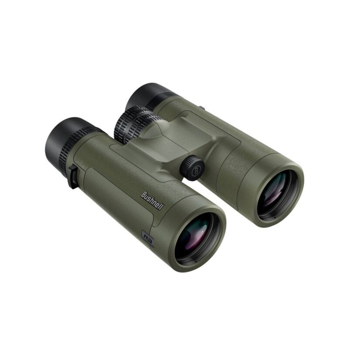 Binocolo verde oliva con conchiglie oculari nere. Il marchio 'Bushnell' è visibile.
