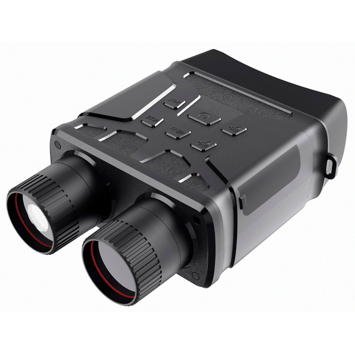Binocolo per visione notturna nero con pulsanti, lenti evidenziate con anelli rossi.