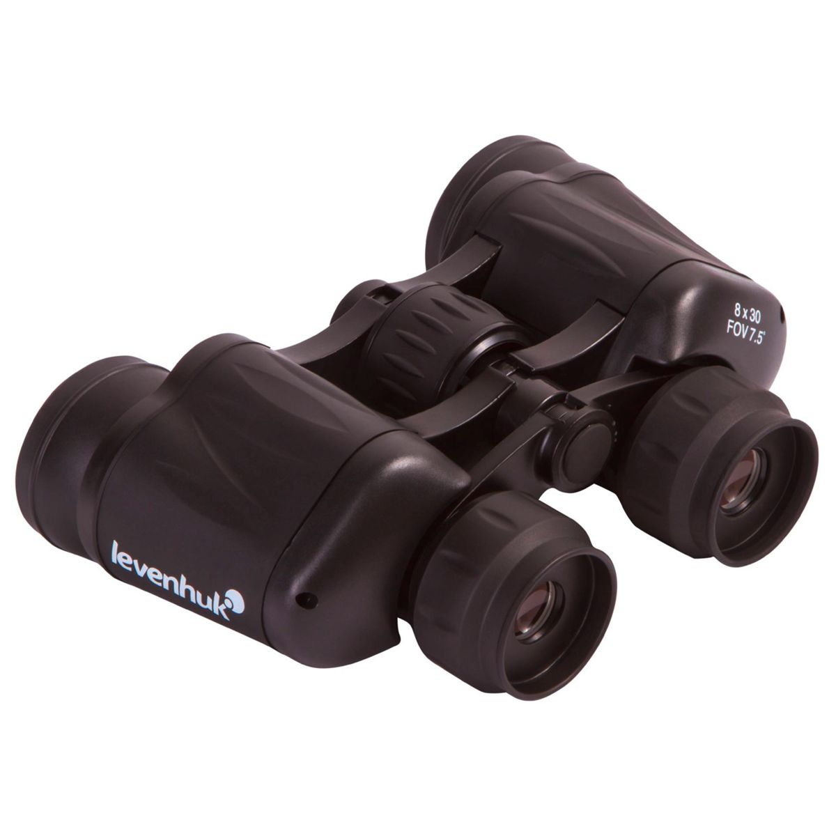 Binocolo nero con logo Levenhuk, marcato '8x30' e 'FOV 7.5', su sfondo bianco.