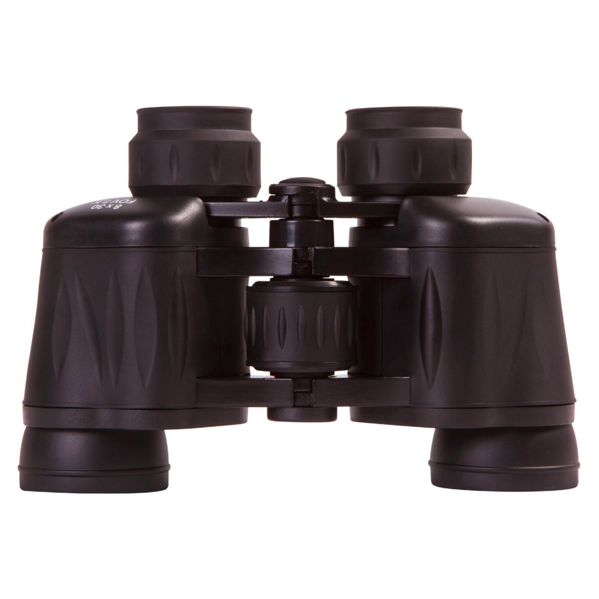 Binocolo nero su sfondo bianco.