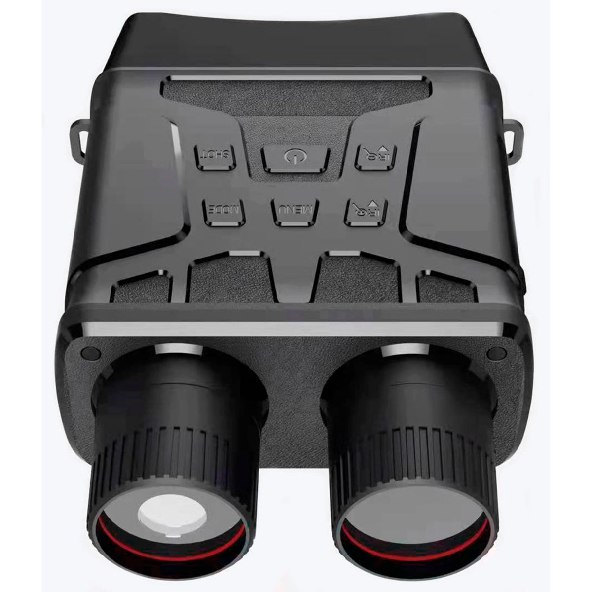 Binocolo per visione notturna nero, con pulsanti e comandi, su sfondo bianco.