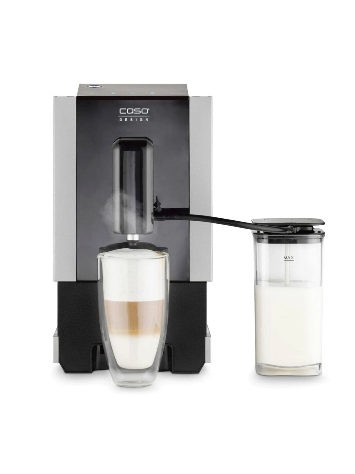Kaffeemaschine mit einem Glas Latte und einem Milchbehälter rechts.