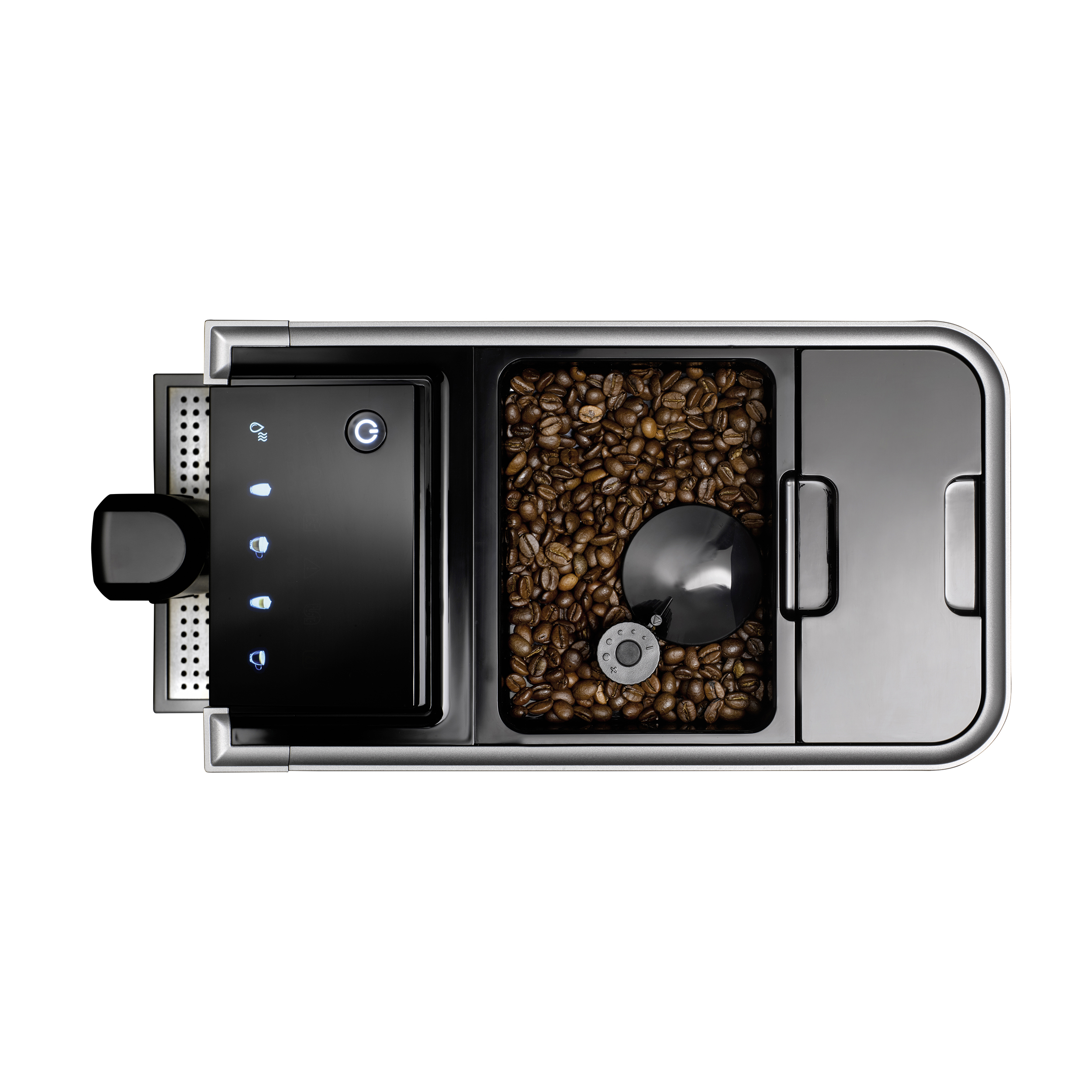 Kaffeemaschine, Draufsicht, mit Bohnen und Bedienfeld sichtbar.