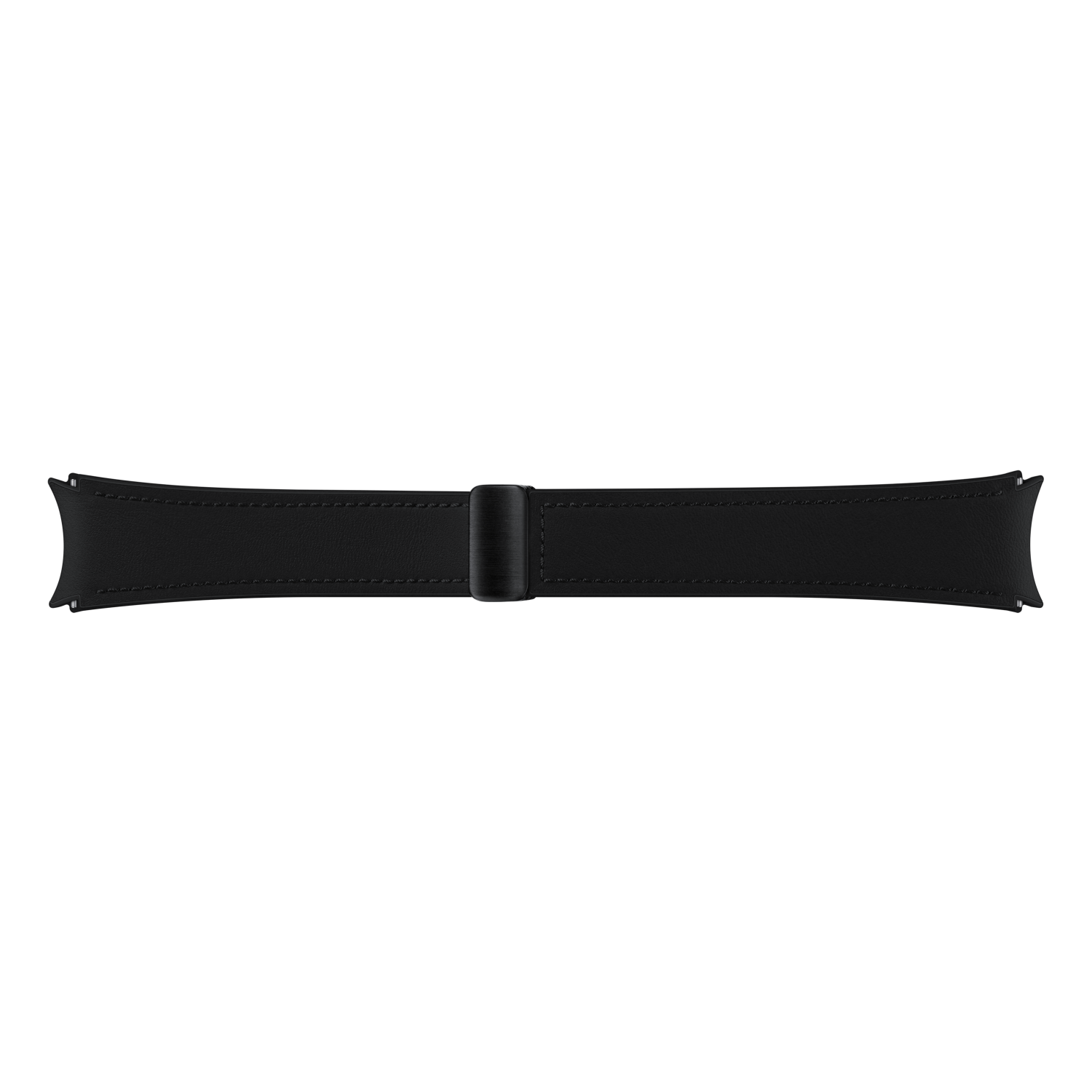 Ein schwarzes Lederarmband mit Metallschnalle auf schwarzem Hintergrund.
