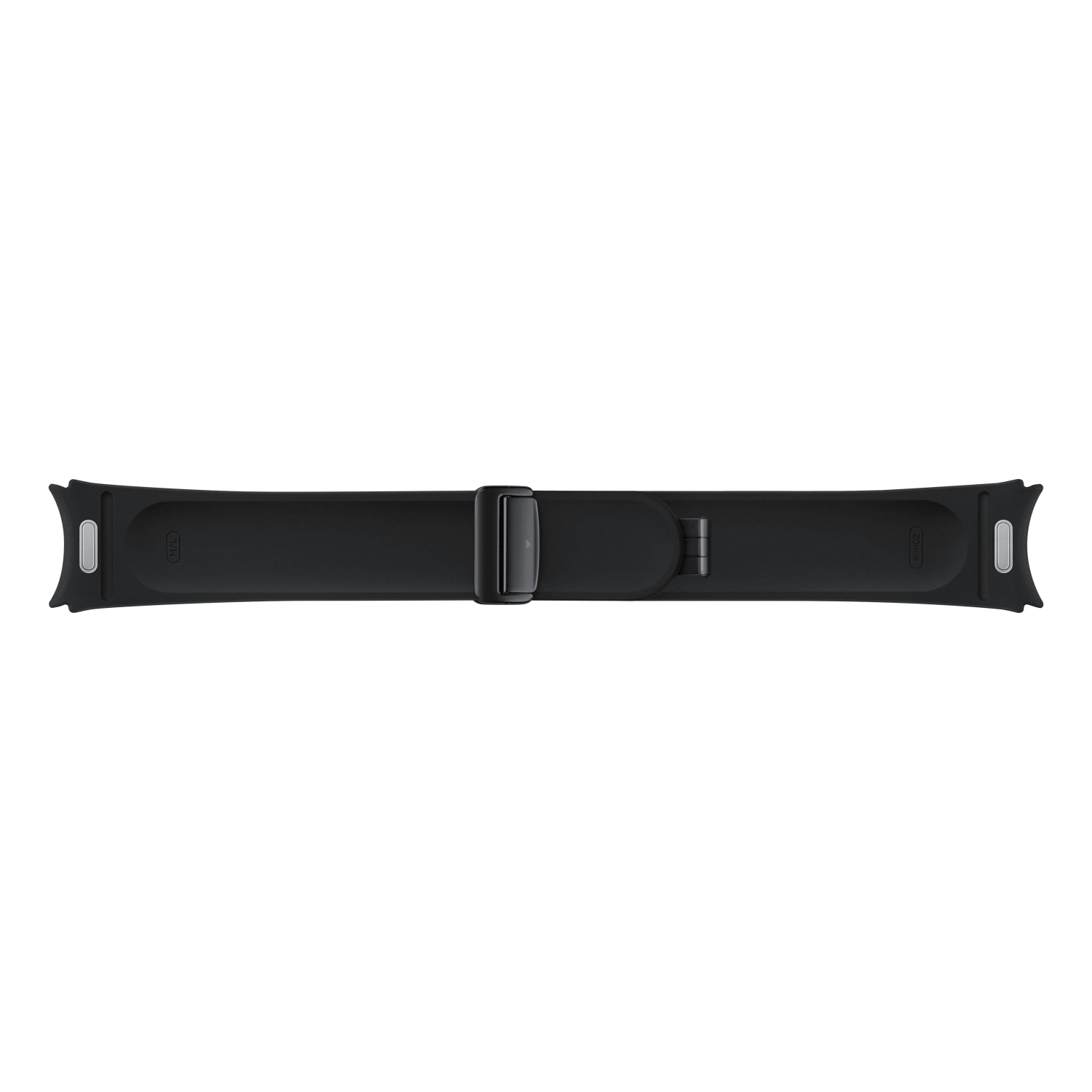 Ein schwarzes Smartwatch-Armband auf schwarzem Hintergrund. Das Armband hat eine Schnalle und ist einteilig.