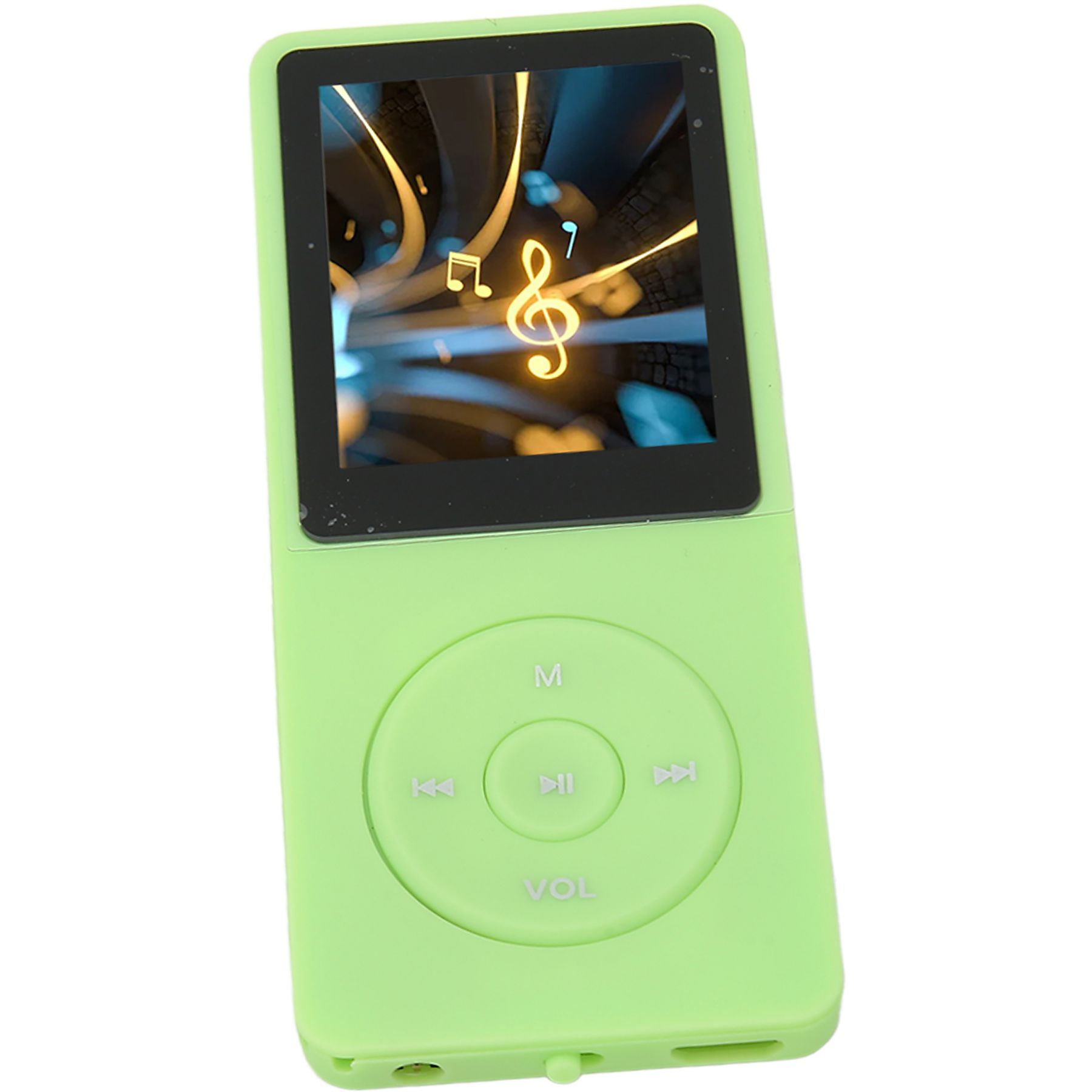 Grüner MP3-Player mit Musiknoten-Grafik auf dem Bildschirm und Bedienknöpfen.