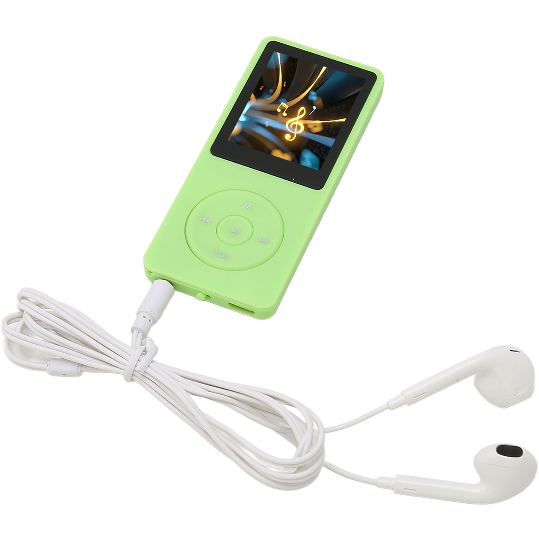 Grüner MP3-Player mit Bildschirm, Bedienelementen und weißen Ohrhörern.