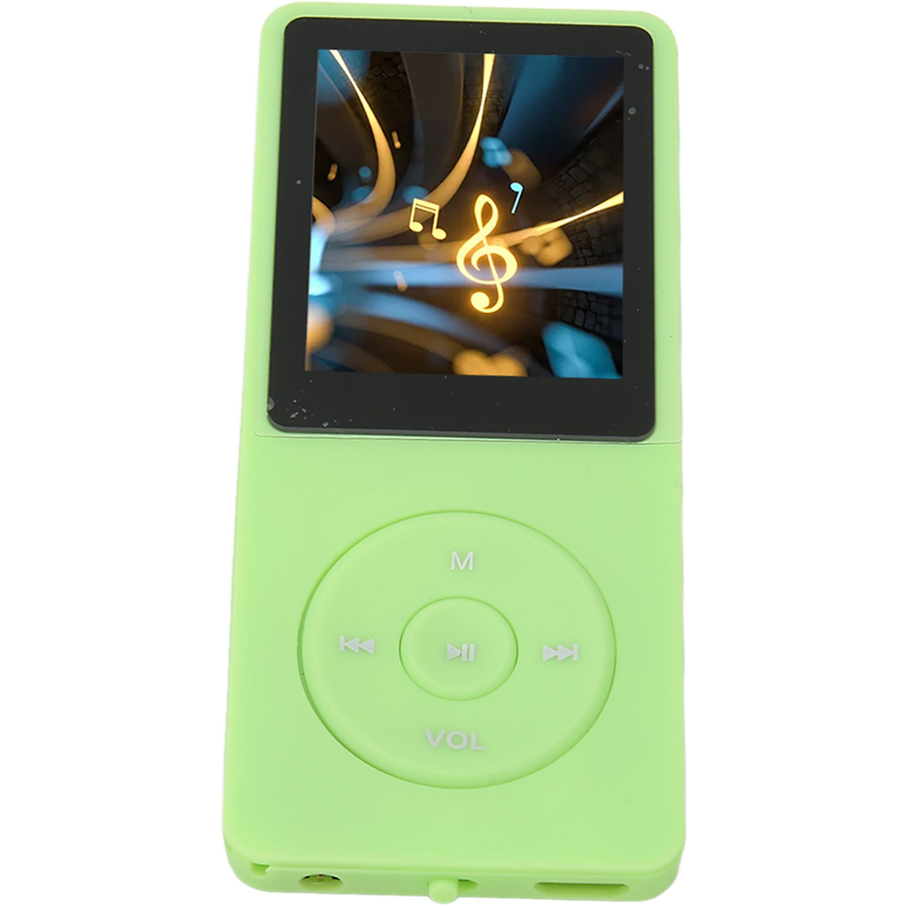 Grüner MP3-Player mit Musiknoten-Grafik, Steuertasten und einem Bildschirm.