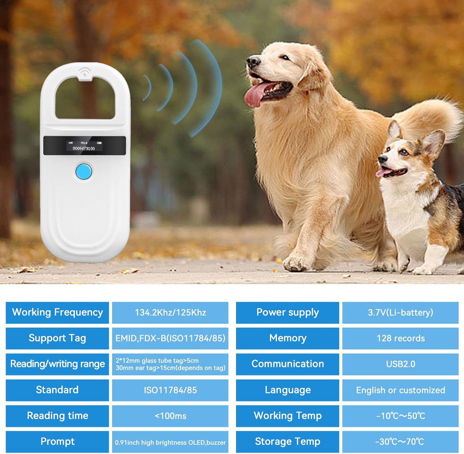 Haustier-Mikrochip-Lesegerät scannt Hunde mit einer Tabelle mit Spezifikationen.