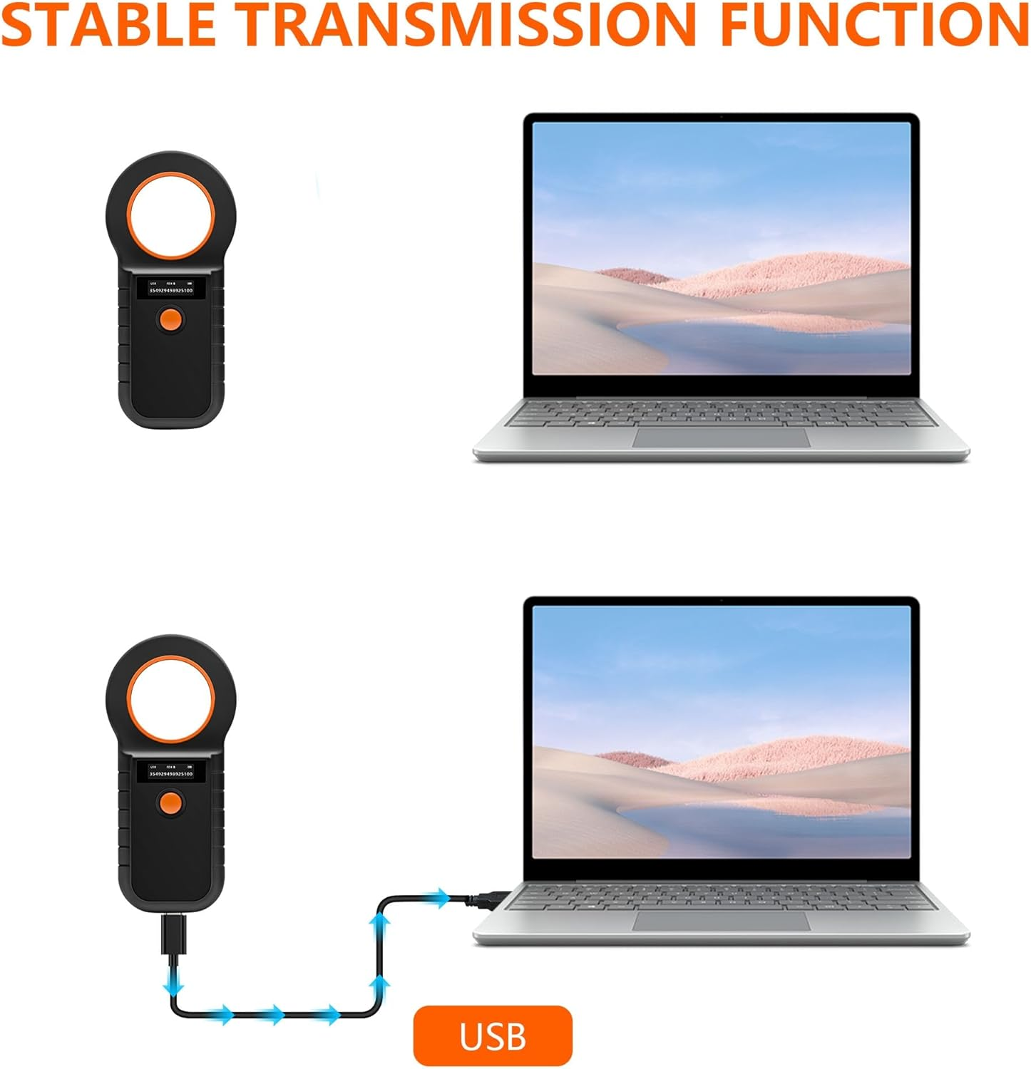 Haustier-Mikrochip-Scanner über USB-Kabel mit Laptop verbunden, mit USB-Symbol.