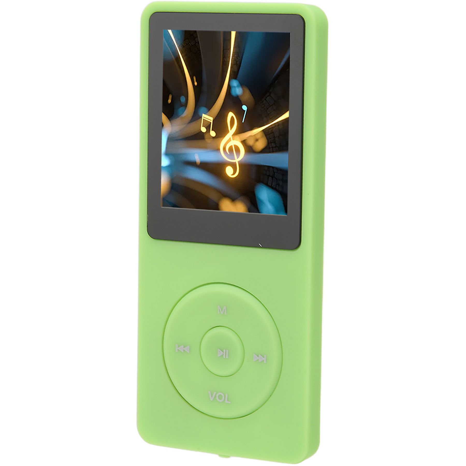 Grüner MP3-Player, Vorderansicht. Bildschirm zeigt Noten mit Bedientasten.