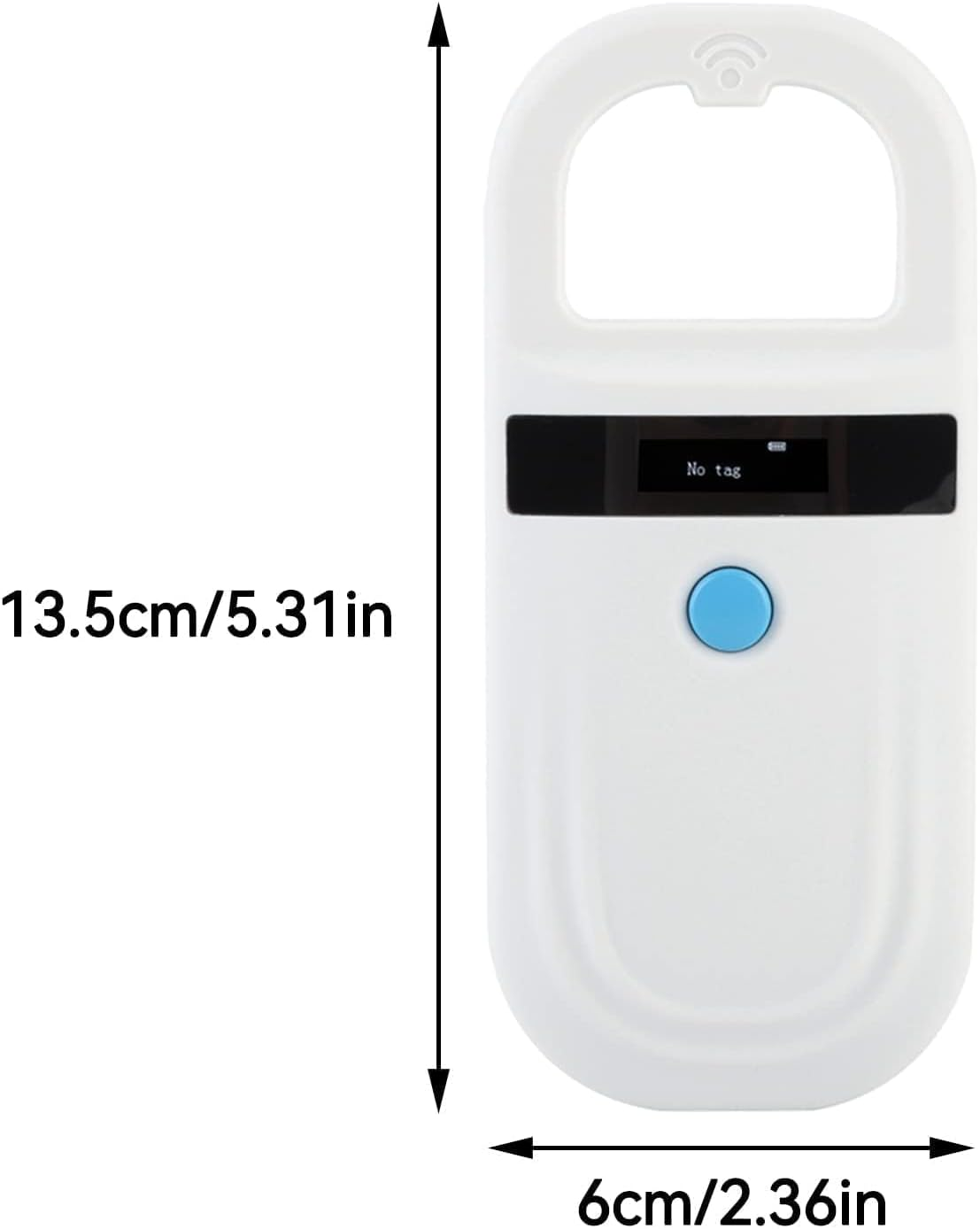 Ein weißer Haustier-Mikrochip-Scanner. Er hat einen Bildschirm und eine Taste, mit Abmessungen.
