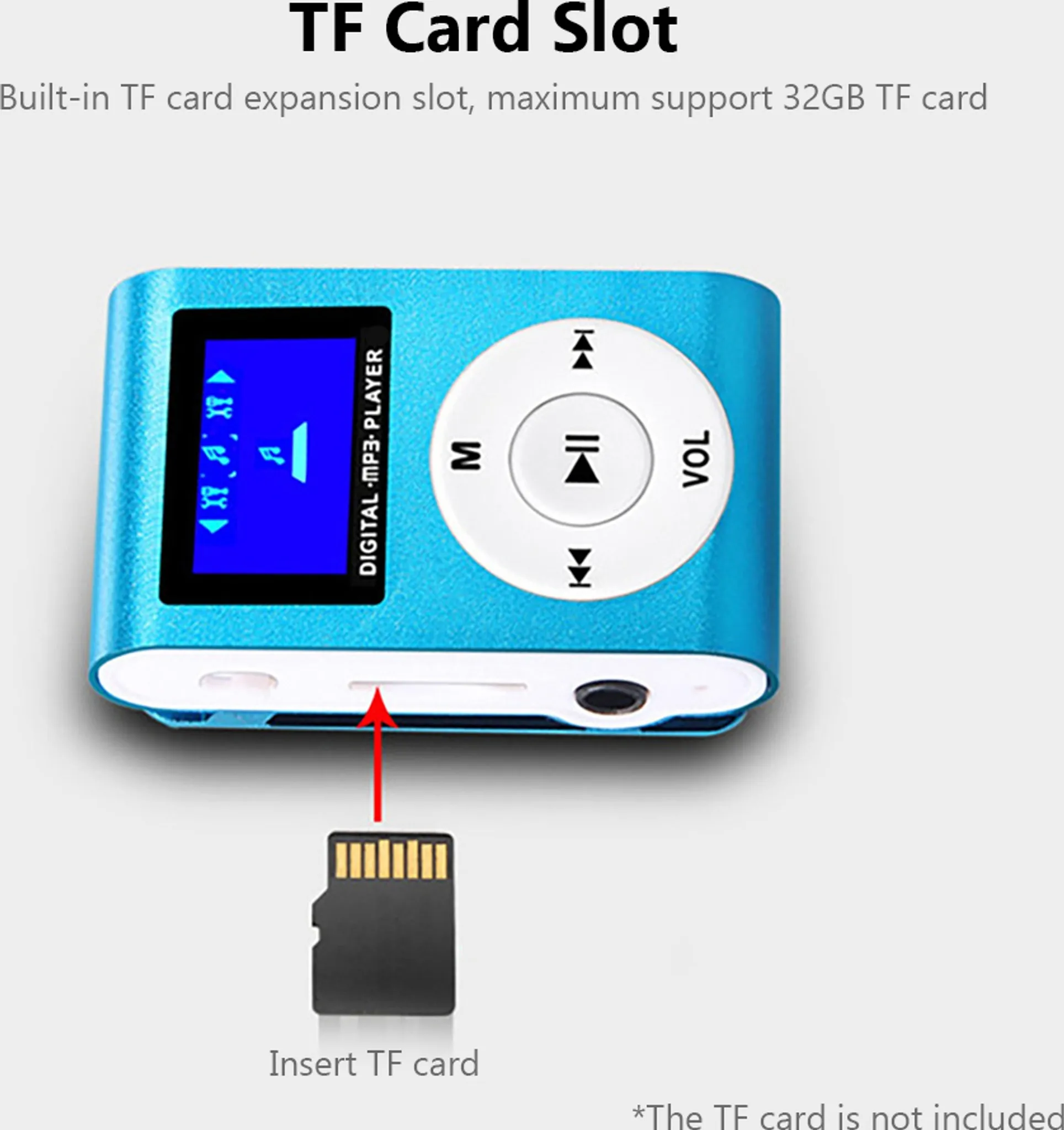 Blauer MP3-Player mit TF-Kartenslot. Eine TF-Karte und ein Pfeil zeigen auf den Slot.