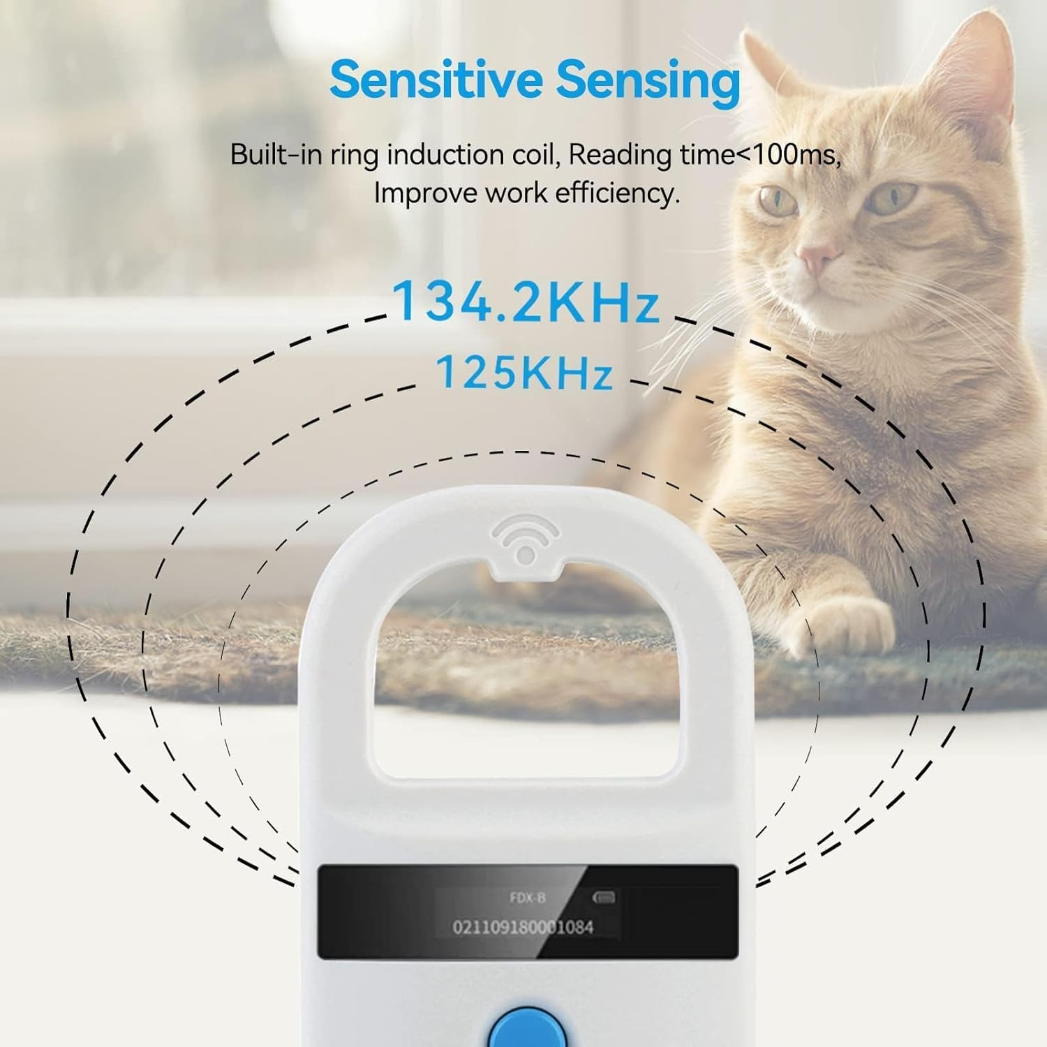 Weißer Tierscanner mit Katze im Hintergrund. Gepunktete Linien zeigen den Scanbereich und Frequenzinformationen.