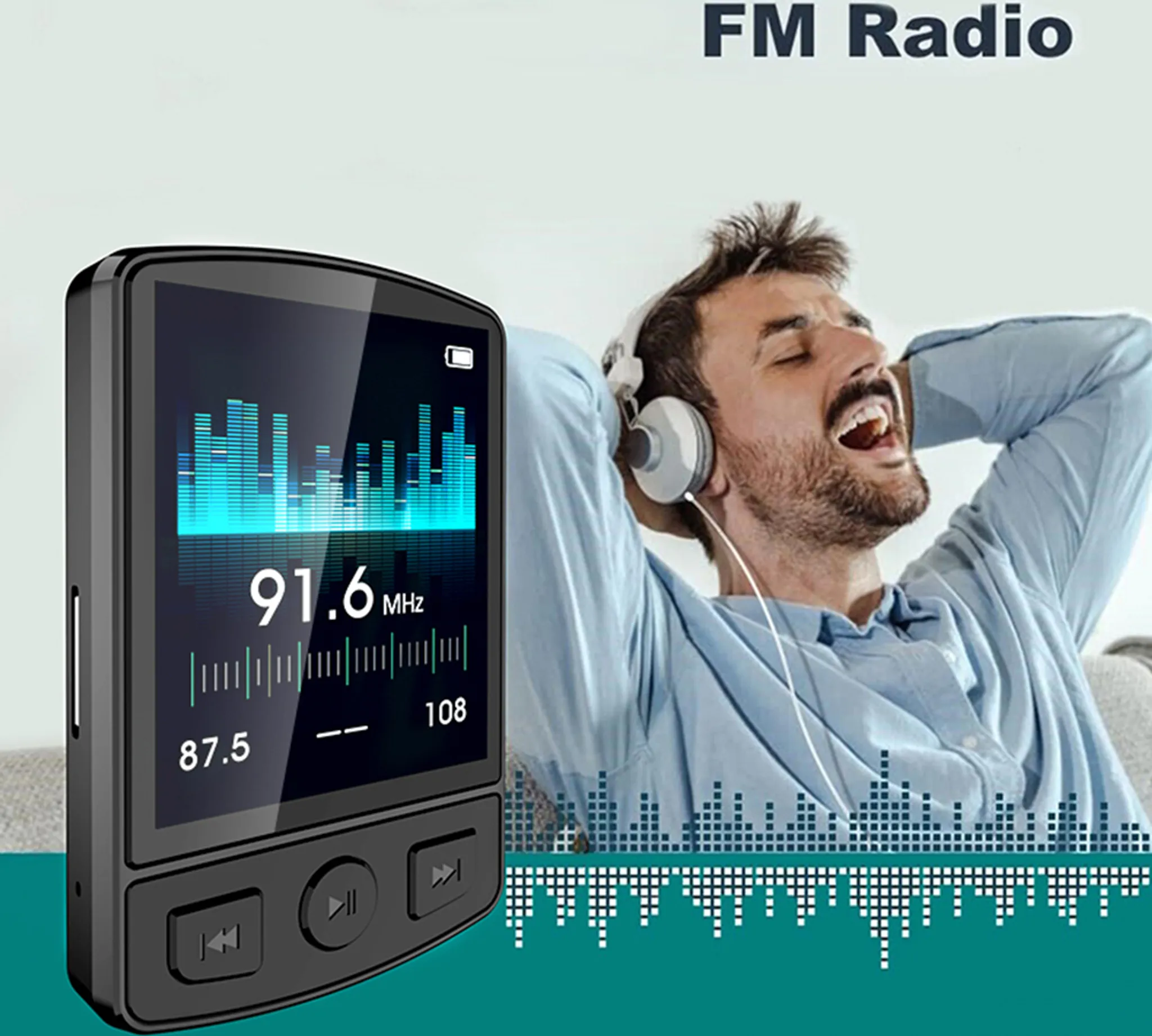 Mann mit Kopfhörern, hört das UKW-Radio auf dem Bildschirm. Schallwelle sichtbar.