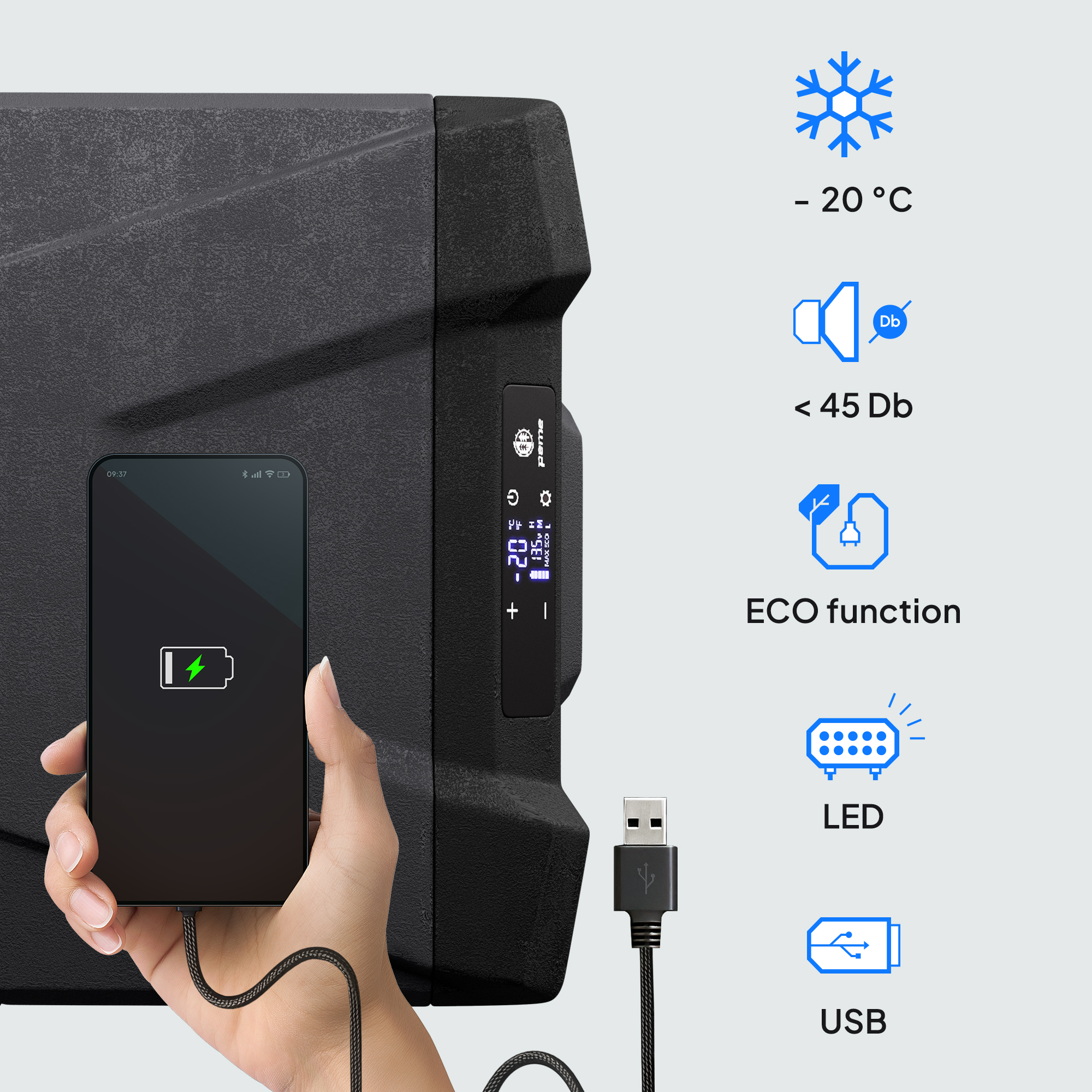 Eine schwarze Kühlbox mit einem Telefon, das geladen wird, und Funktionssymbolen wie Temperatur und USB-Anschluss.