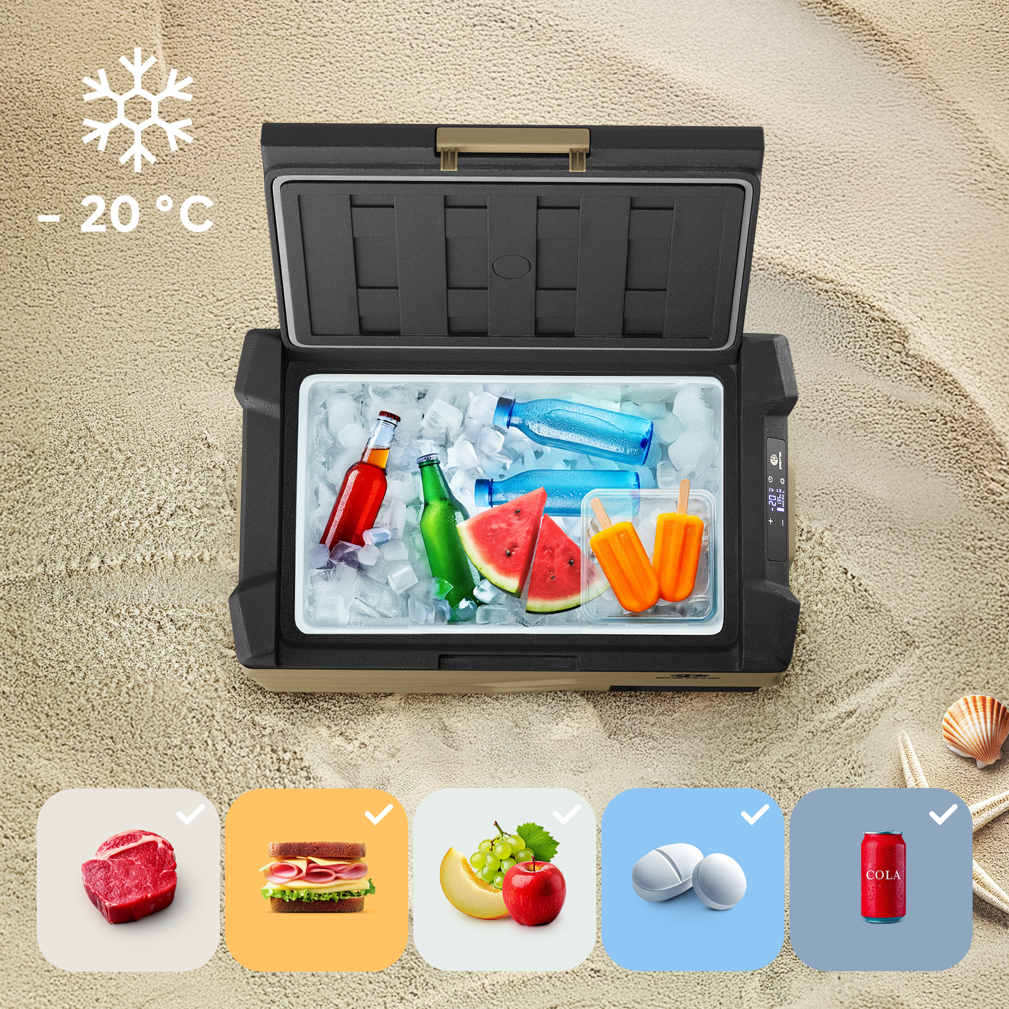 Kühlbox mit Eis und Essen, mit Symbolen für verschiedene Lebensmittel und Strandhintergrund.