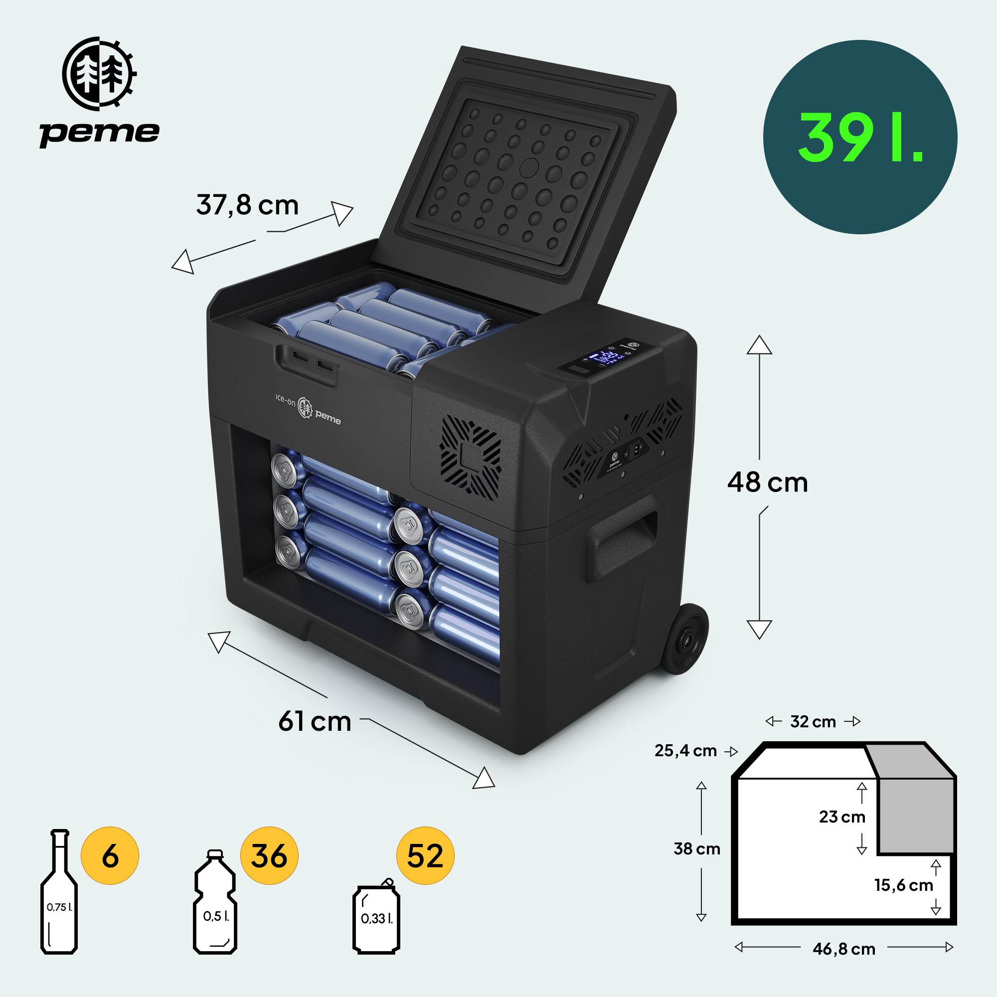 Nevera portátil negra con tapa abierta, dimensiones y capacidad. Contiene bebidas y dimensiones.