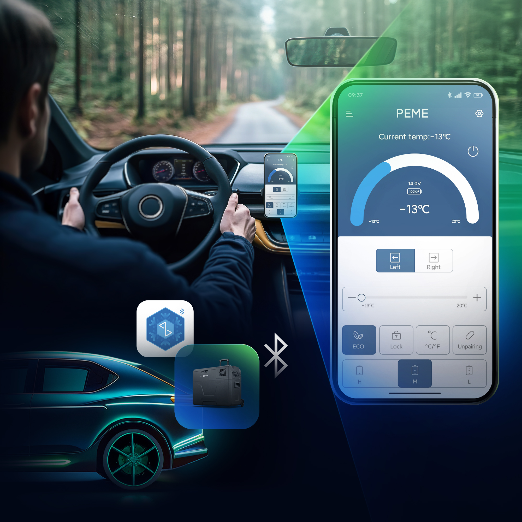 Persona conduciendo, teléfono con interfaz de nevera para coche, e iconos.
