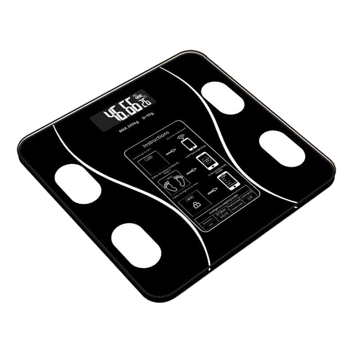 Schwarze Digitalwaage mit weißen, kreisförmigen Pads. Zeigt Gewicht und Anweisungen an.