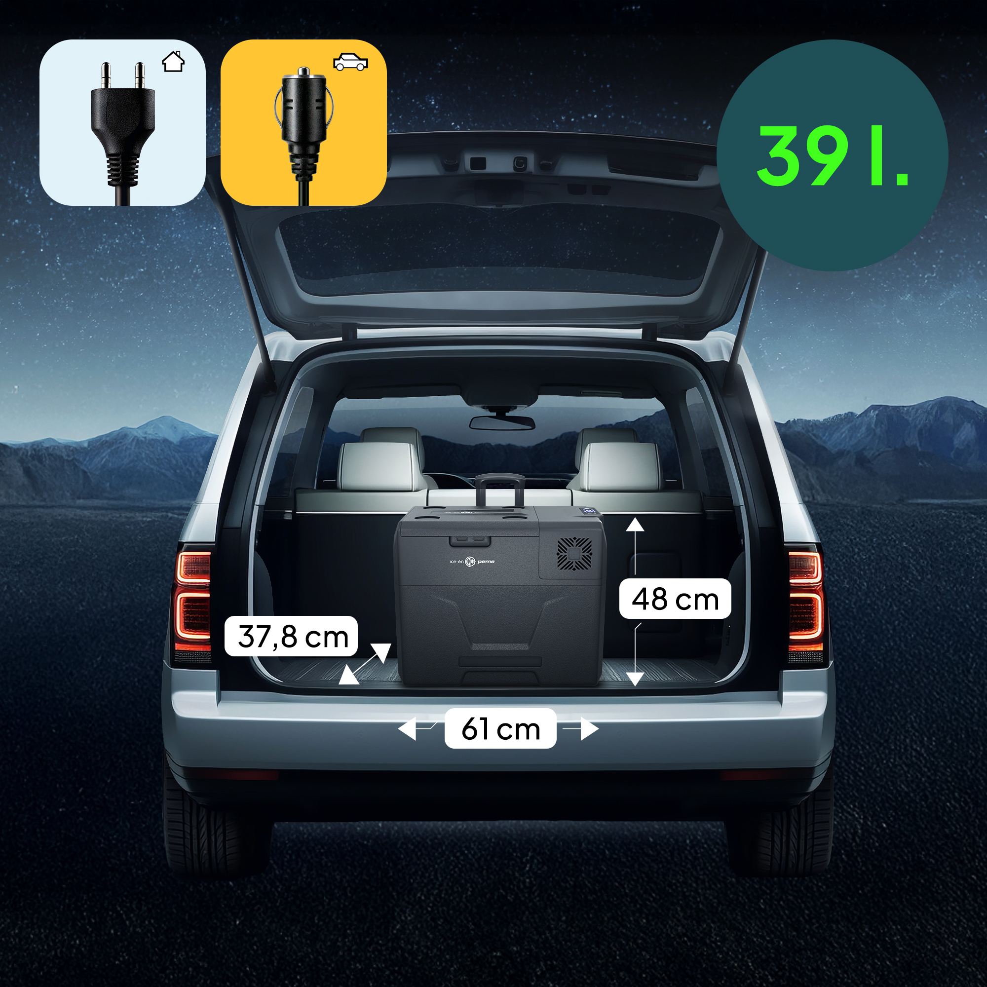 Maletero de coche con nevera, con dimensiones y adaptador de enchufe y coche.