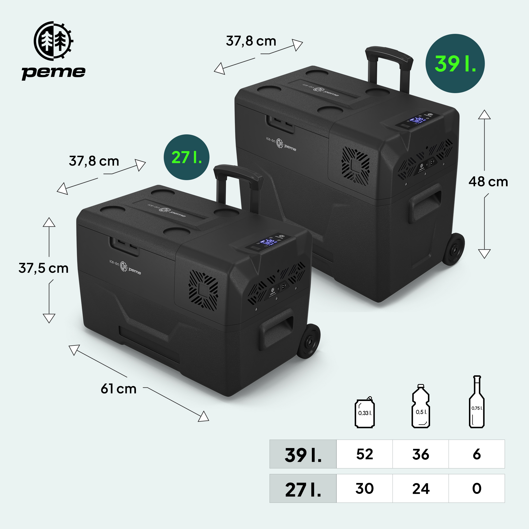 Neveras negras con ruedas, dimensiones y etiquetas de capacidad, con fondo blanco.