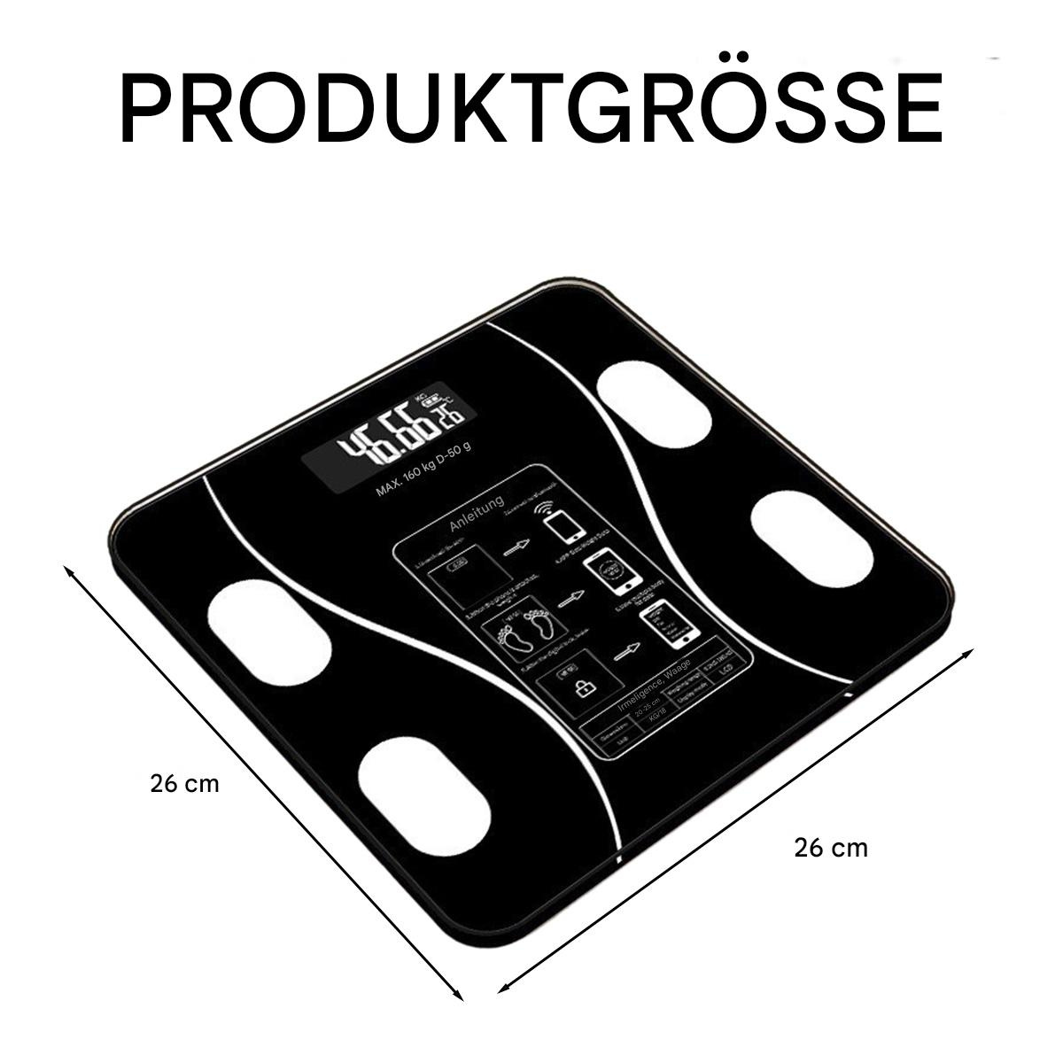 Schwarze Waage mit den Abmessungen 26 cm x 26 cm. Zeigt Gewicht und Anweisungen an.