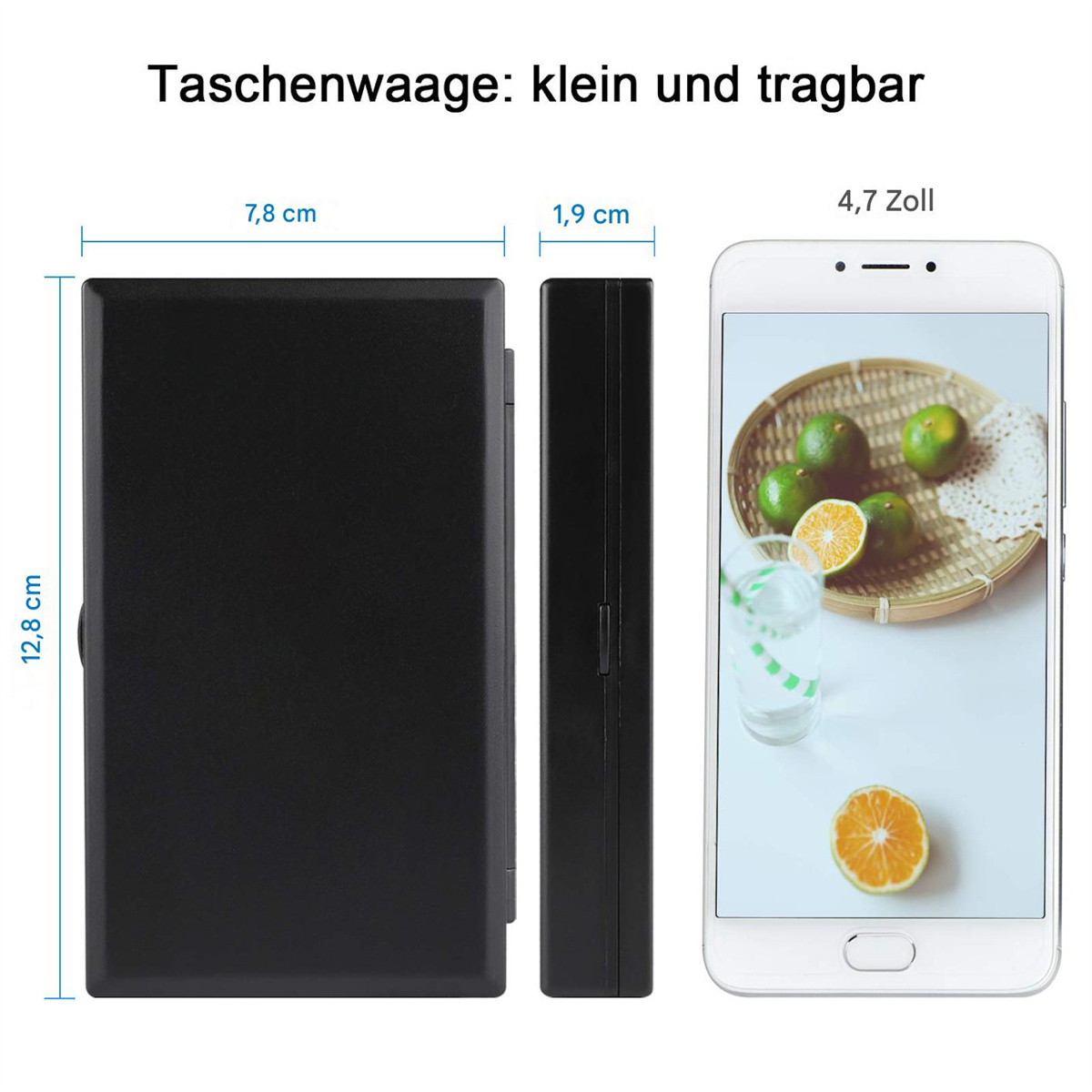 Schwarze Waage, mit einem Telefon, das ein Bild von Obst und einem Glas Wasser zeigt.