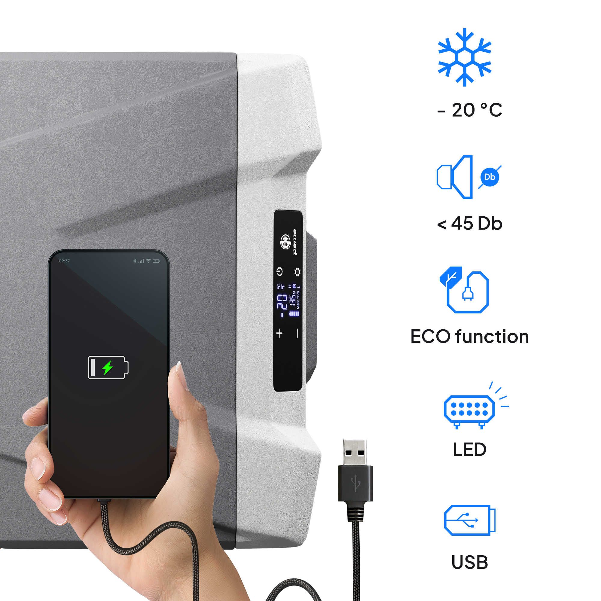 Nahaufnahme eines grauen Kühlers mit Ladetelefon und Funktionssymbolen.
