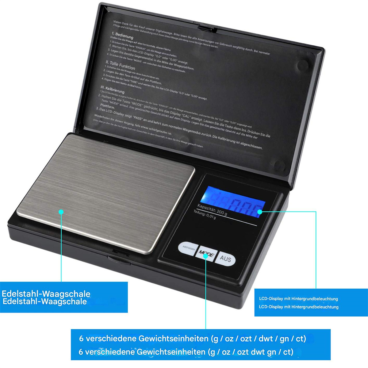 Digitale Waage mit LCD-Anzeige, Edelstahl-Oberfläche und schwarzer Basis mit Produktbeschriftung.