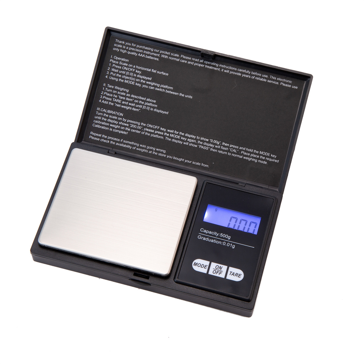 Digitale Taschenwaage mit Knöpfen und Anzeige mit '0,00g'. Anweisungen sind sichtbar.