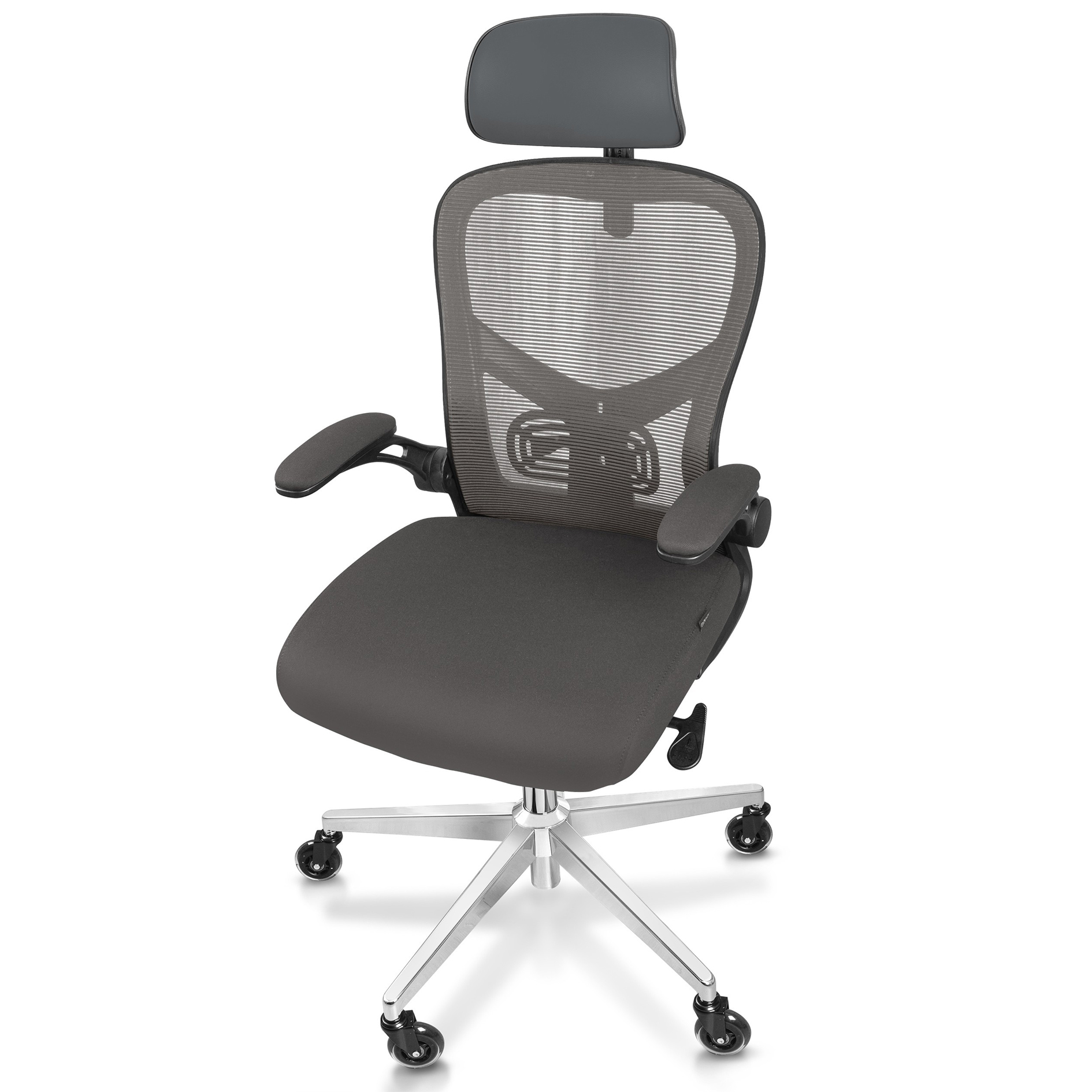 Ergonomischer Bürostuhl, grauer Stoff, Netzrücken, verstellbare Kopfstütze, Armlehnen und Rollen, weiß.
