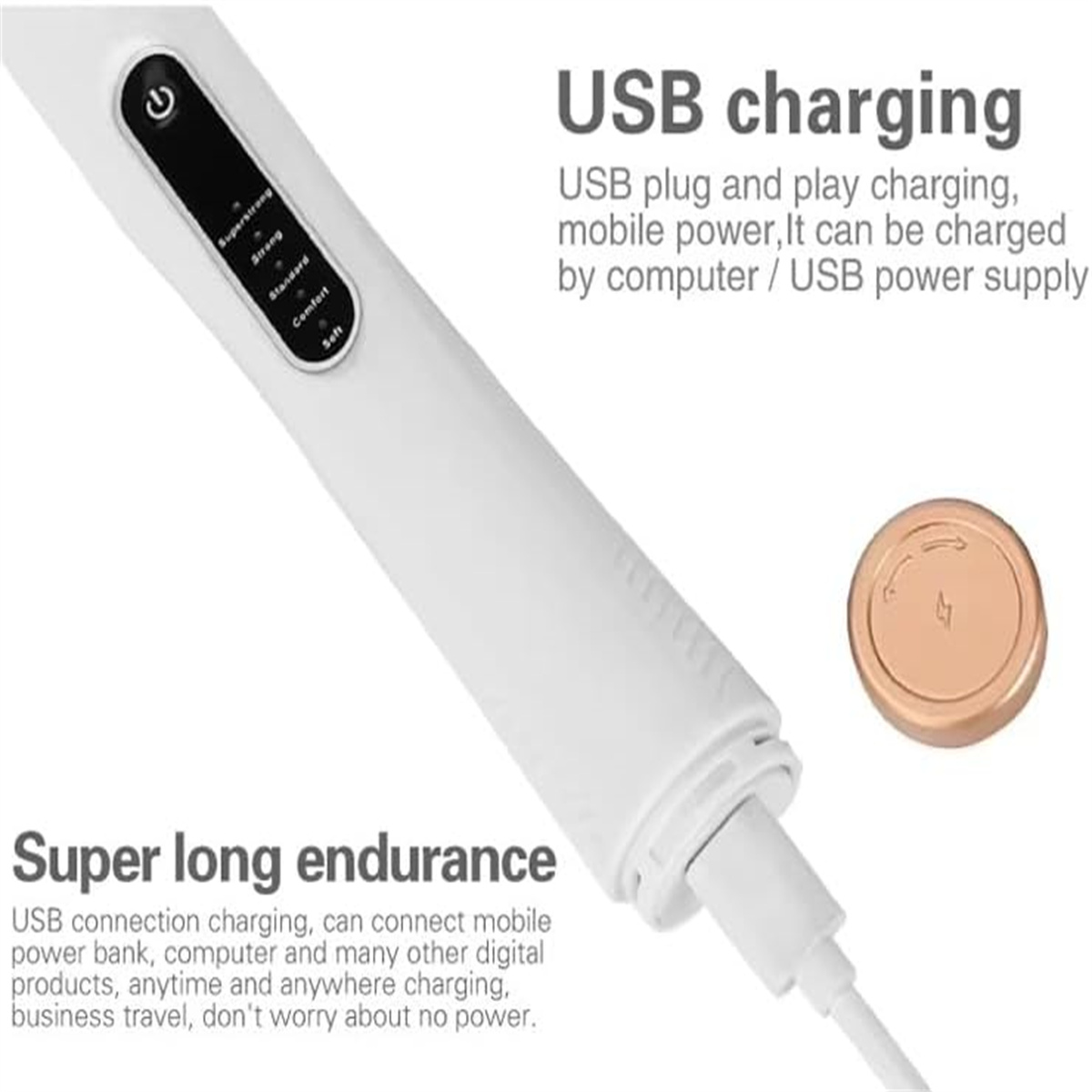 Weißes Gerät mit USB-Ladeanschluss und Text. Kupferfarbene Ladekappe daneben.