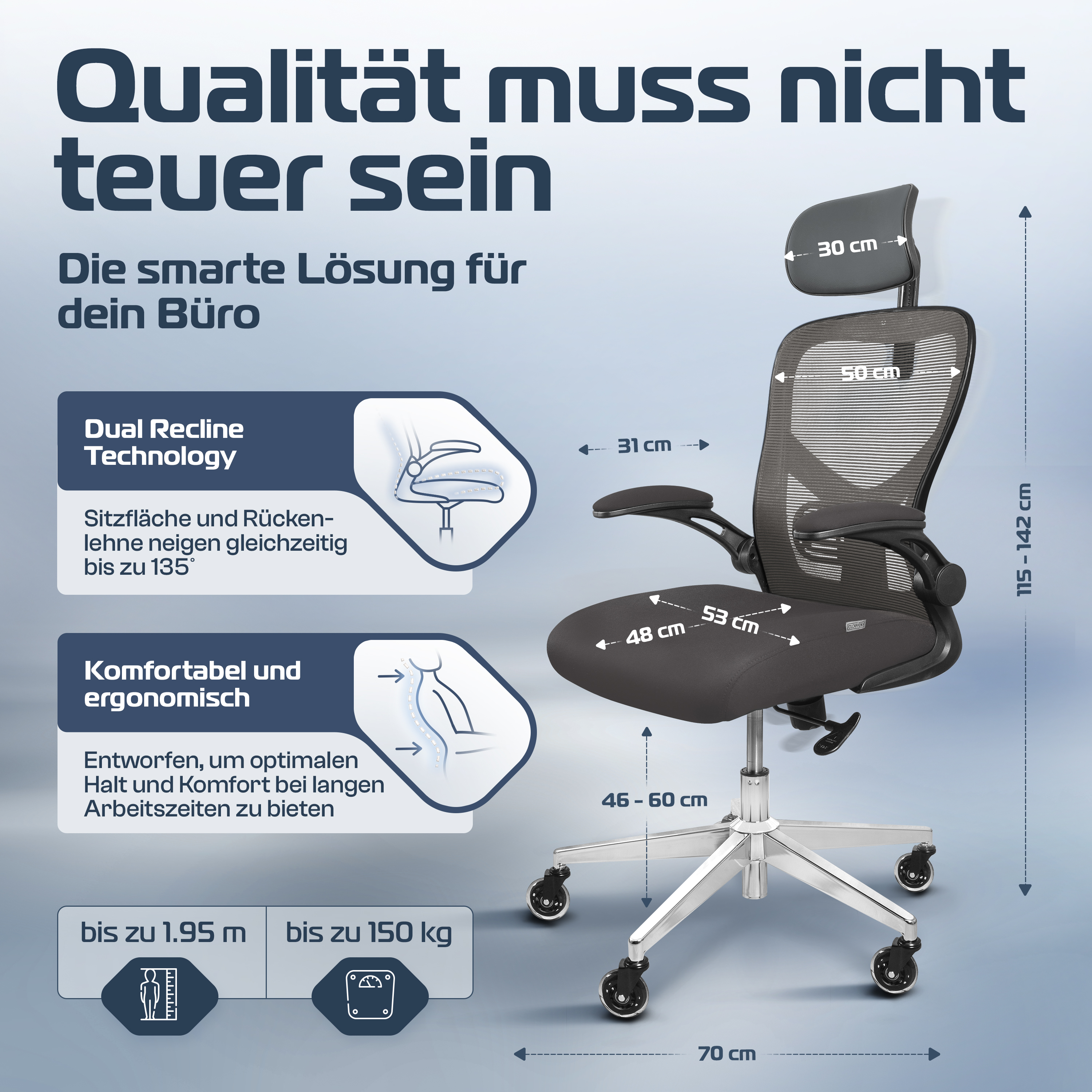 Ergonomischer Bürostuhl mit hervorgehobenen Abmessungen und Funktionen. Text auf Deutsch.