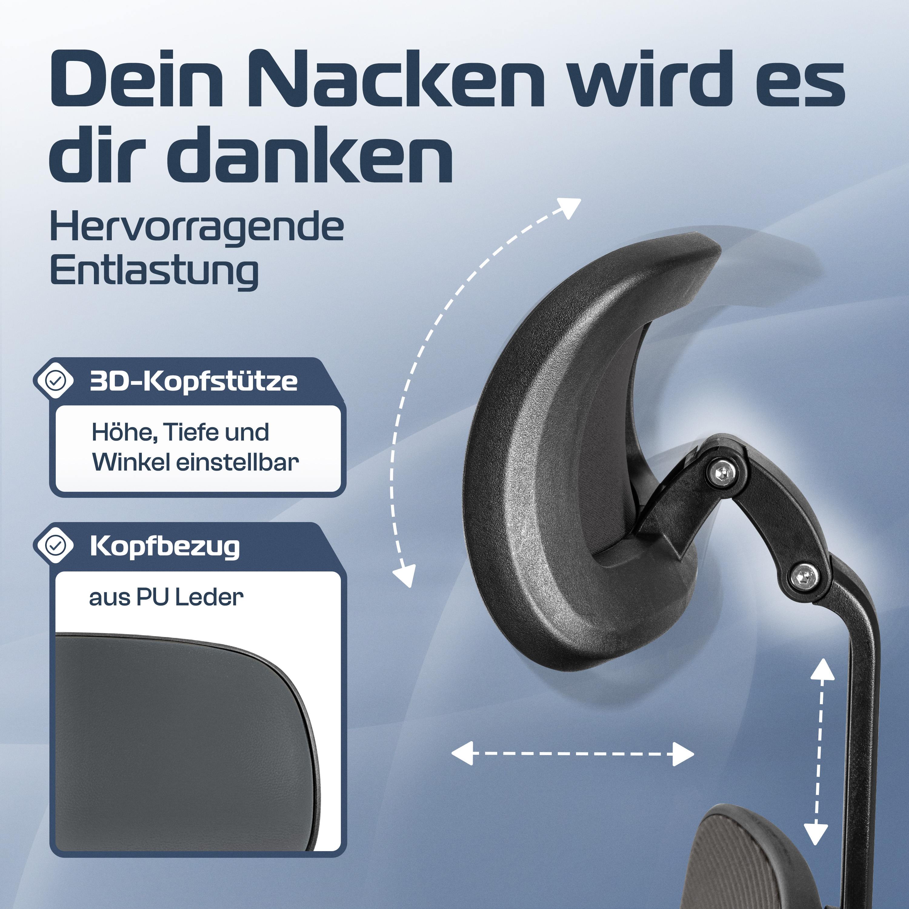 Eine Nackenstütze wird gezeigt, mit einstellbaren Funktionen. Die Ansicht zeigt die Kopfstütze und die Nackenstütze.