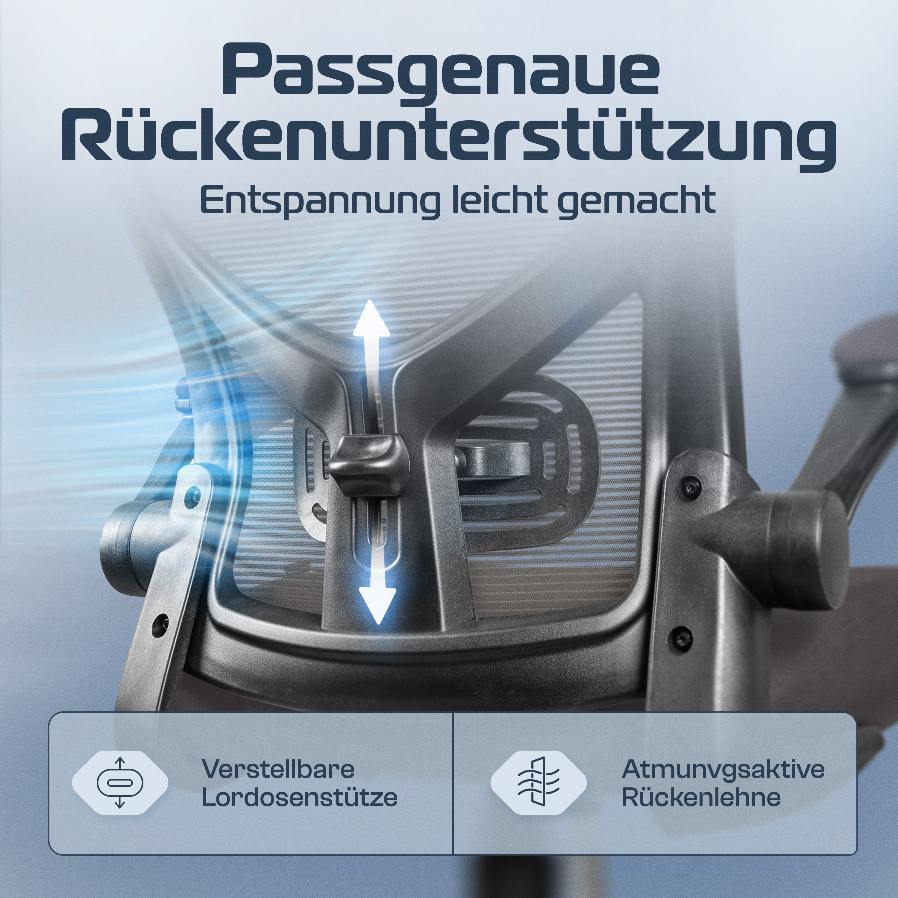Nahaufnahme eines ergonomischen Stuhls mit verstellbarer Lordosenstütze und atmungsaktiver Rückenlehne.