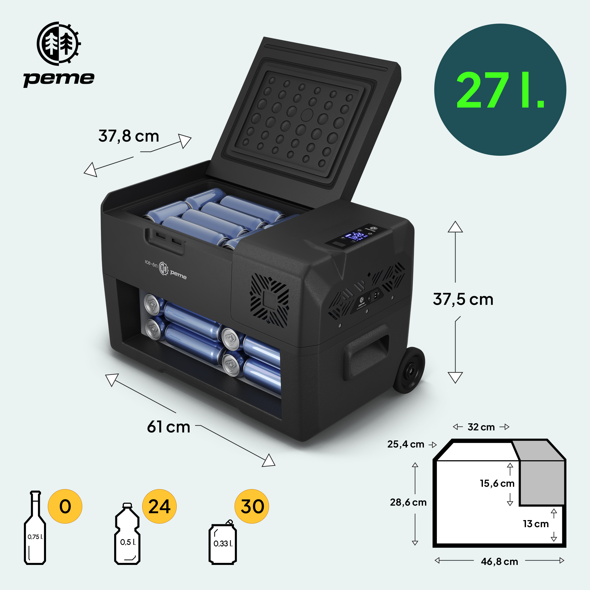 Ein Kühler mit offenem Deckel, der Batterien anzeigt. Abmessungen werden angezeigt. Flaschenmengen und ein Volumen werden angegeben.