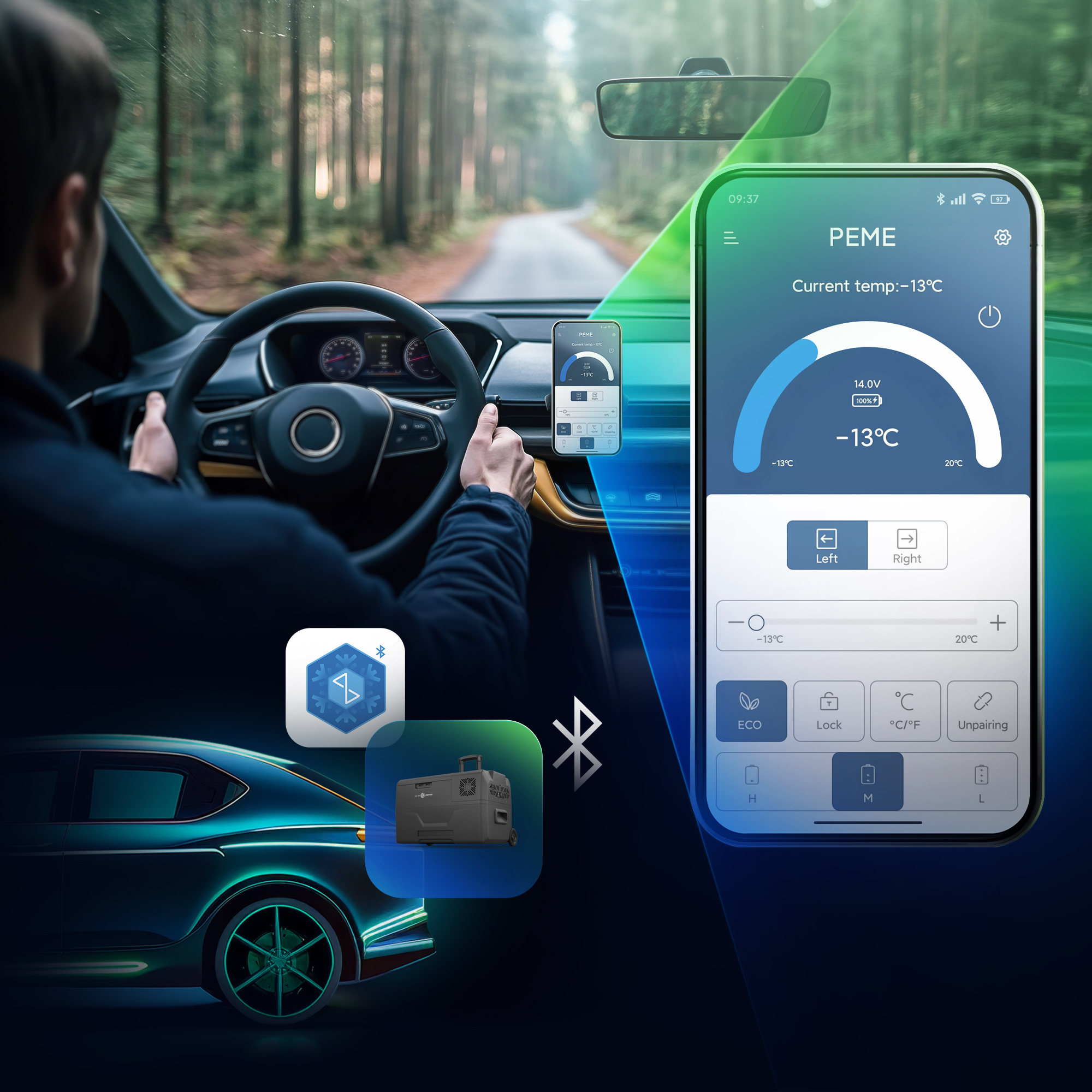 Autoinnenraum mit Telefon, das Temperatur und Steuerung, Bluetooth-Symbol und Kühler anzeigt.