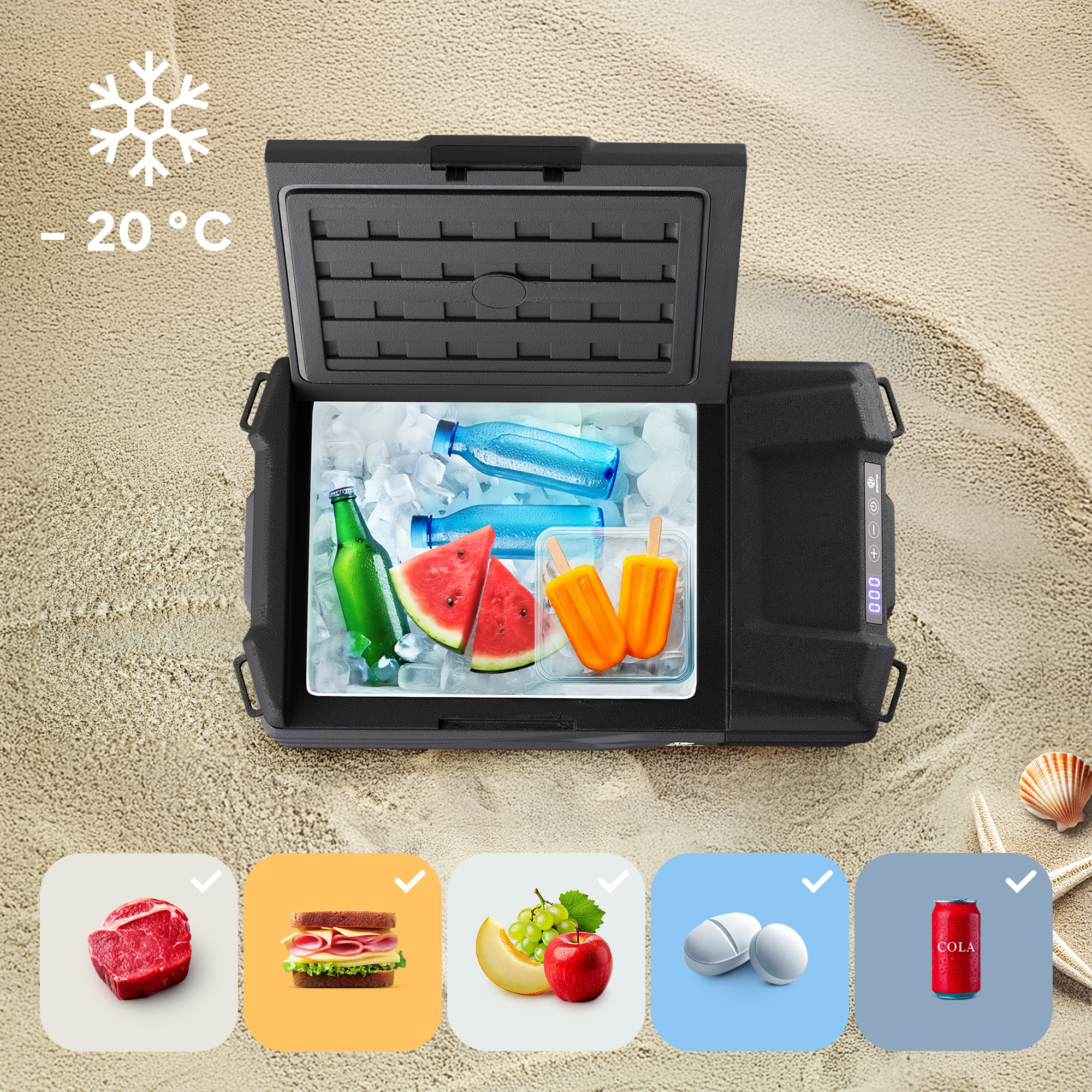 Offener Kühler mit Eis, Getränken und Wassermelone auf Sand. Symbole für Essen und Trinken unten.