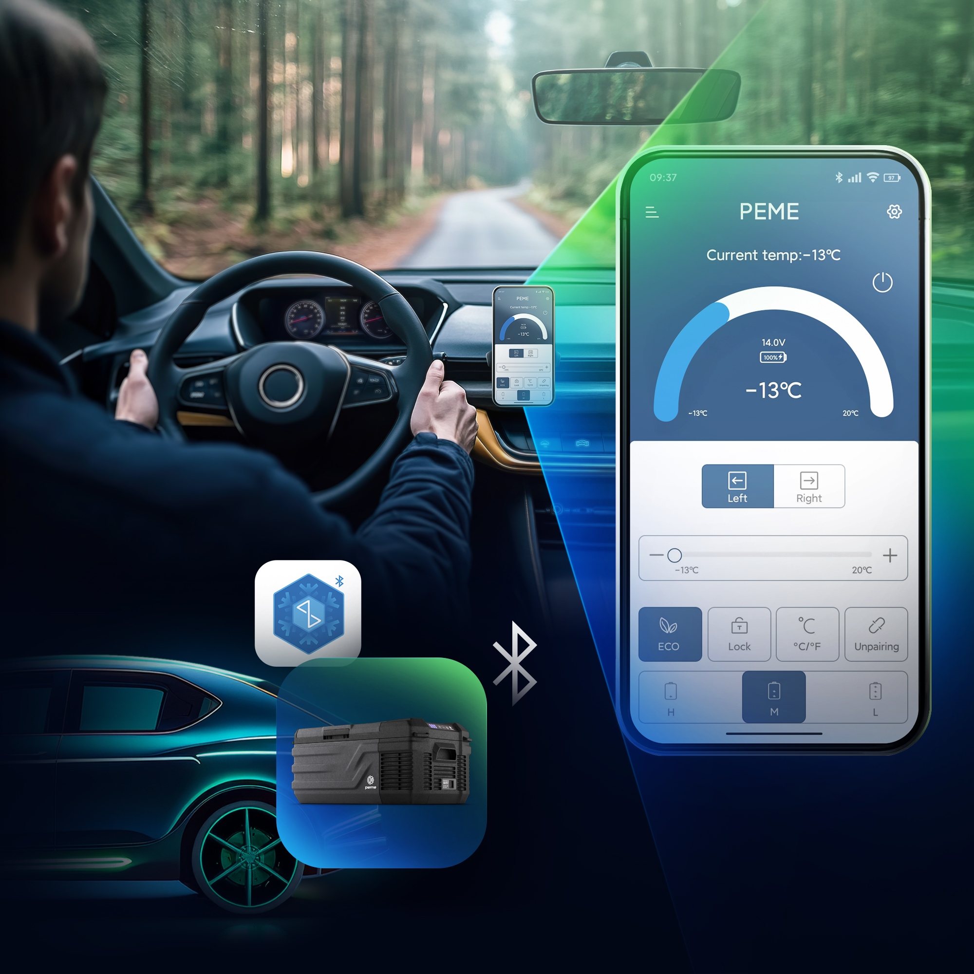 Autoinnenraum mit Fahrer, Telefon mit Temperaturanzeige, Bluetooth. Waldstraße im Hintergrund.
