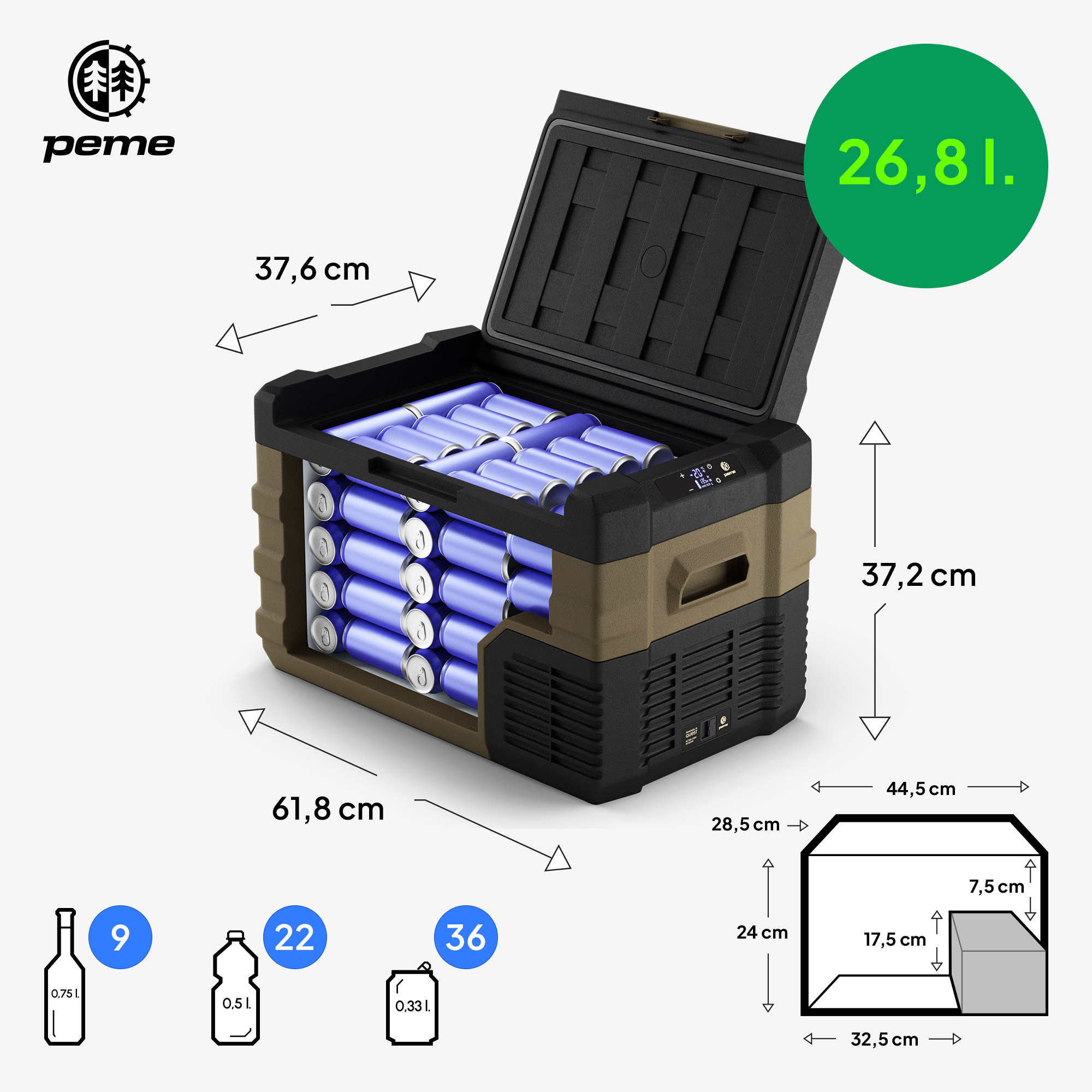 Nevera con tapa abierta, revelando botellas azules. Se muestran dimensiones y capacidad.