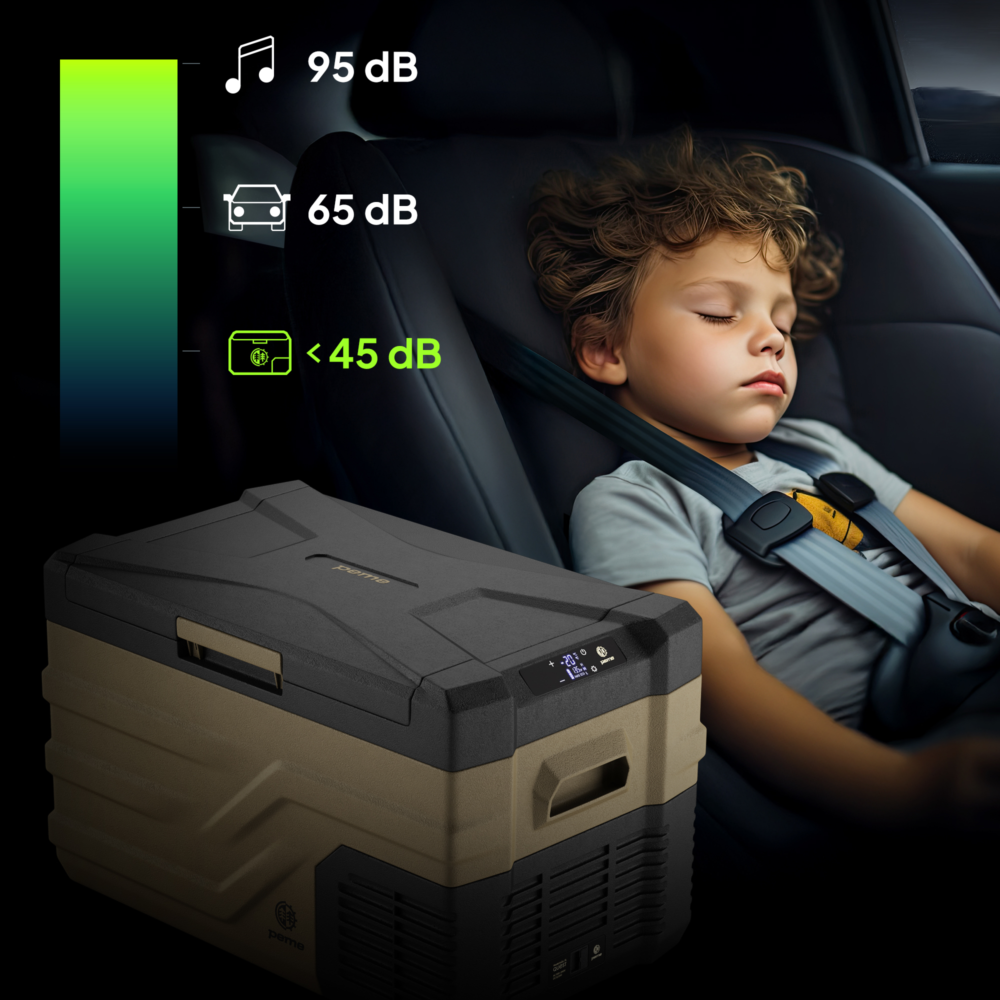 Un niño durmiendo en un coche con nevera. Comparaciones de nivel de sonido: 95dB, 65dB, <lt/>45dB.