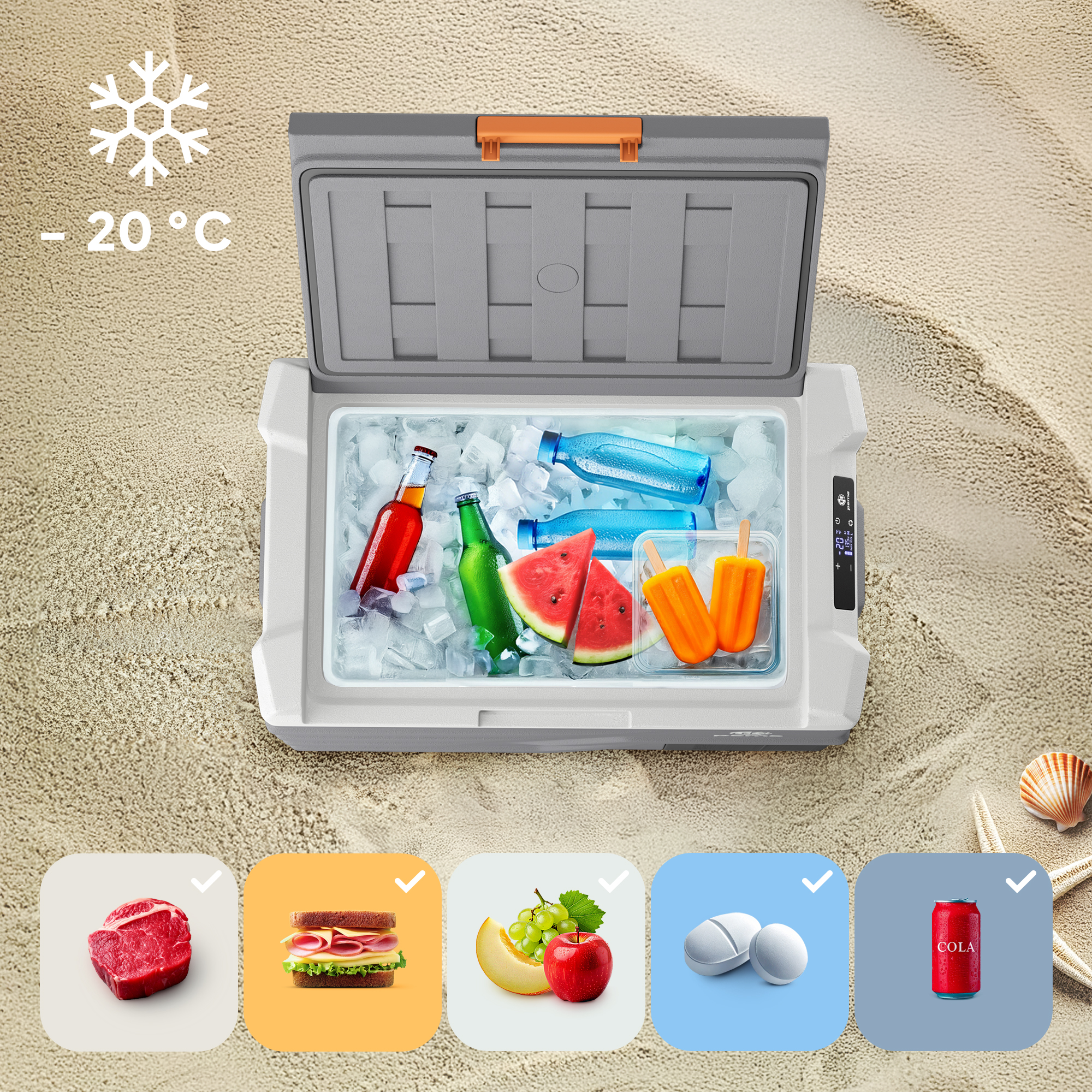 Offener Kühler auf Sand mit Lebensmitteln: Wassermelone, Flaschen, Eis und Snacks. Schneeflocken-Symbol: -20°C.