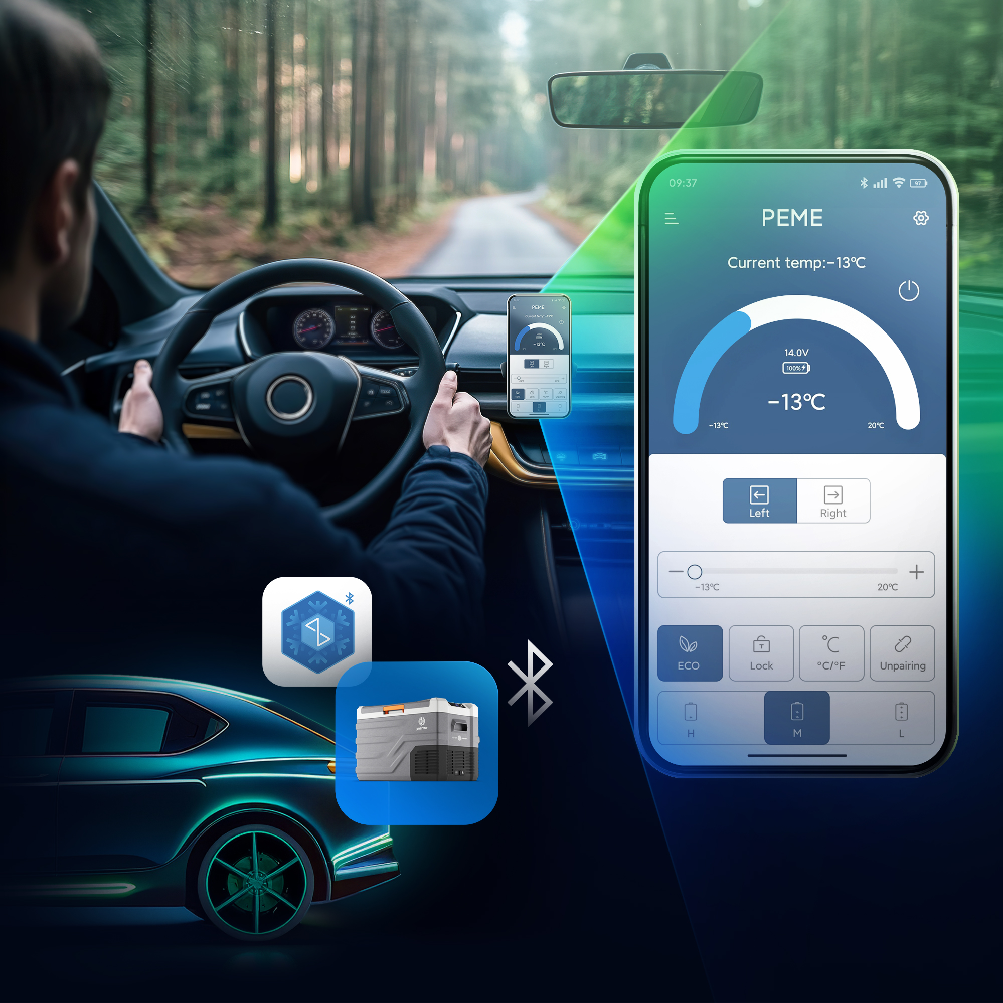 Mann fährt Auto, Telefon zeigt Kühler-App. Hintergrund zeigt Waldstraße.