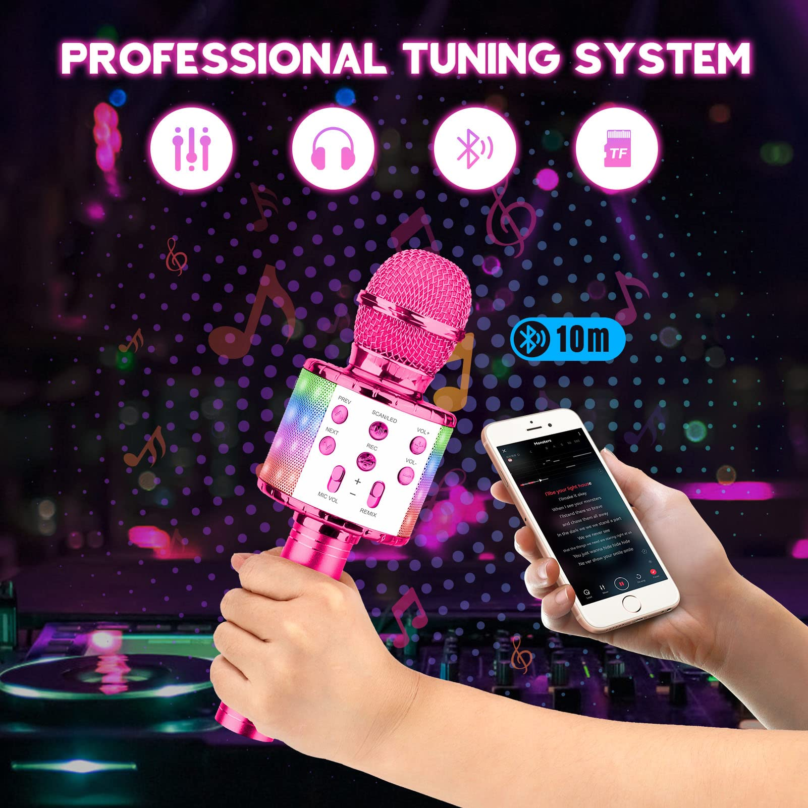Rosa Mikrofon mit Telefon. Musiknoten und Symbole. Text lautet 'PROFESSIONAL TUNING SYSTEM'.