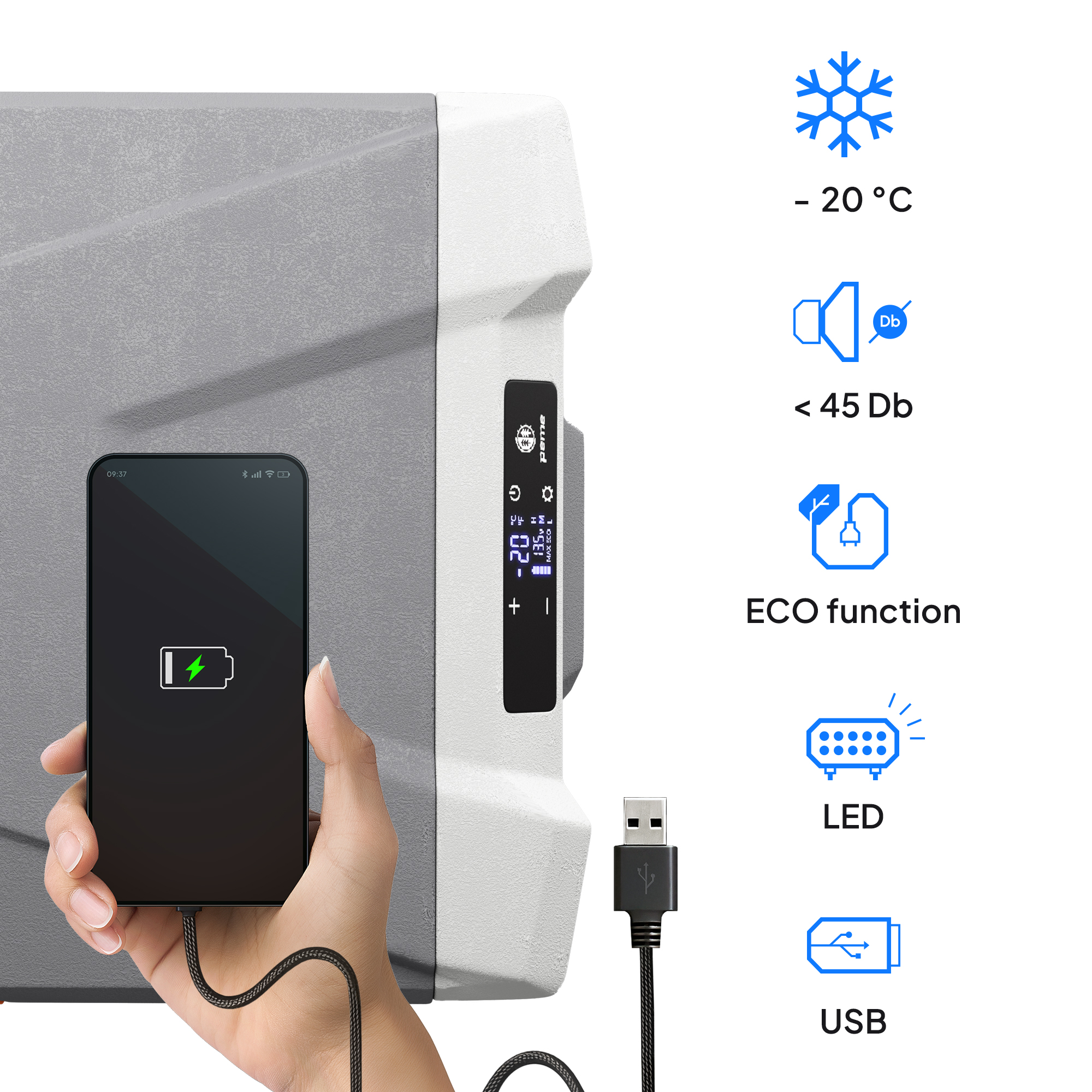 Hand, die ein Telefon hält, das geladen wird. Das Telefon befindet sich neben einer Kühlbox mit Symbolen und USB-Kabel.