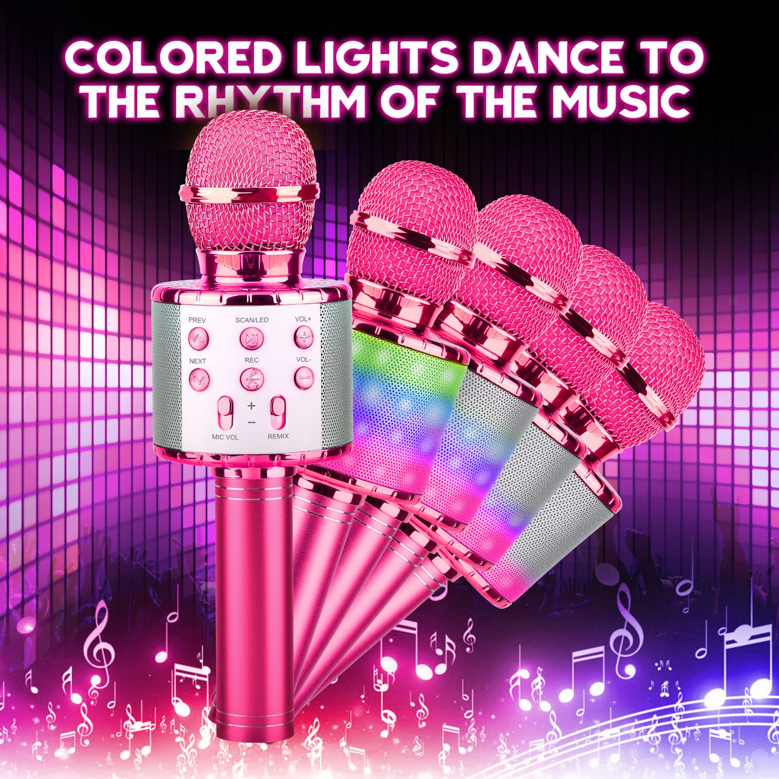 Rosa Mikrofone mit farbigen Lichtern. Text: 'COLORED LIGHTS DANCE TO THE RHYTHM OF THE MUSIC'.