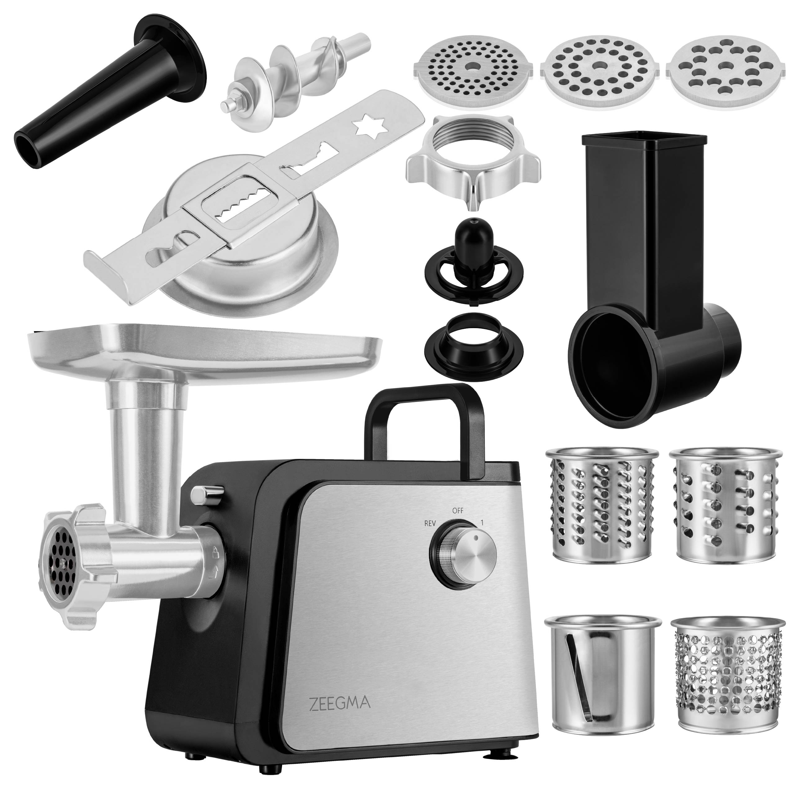 Rozłożona maszynka do mięsa z różnymi częściami, w tym ostrzami, uchwytem i silnikiem.