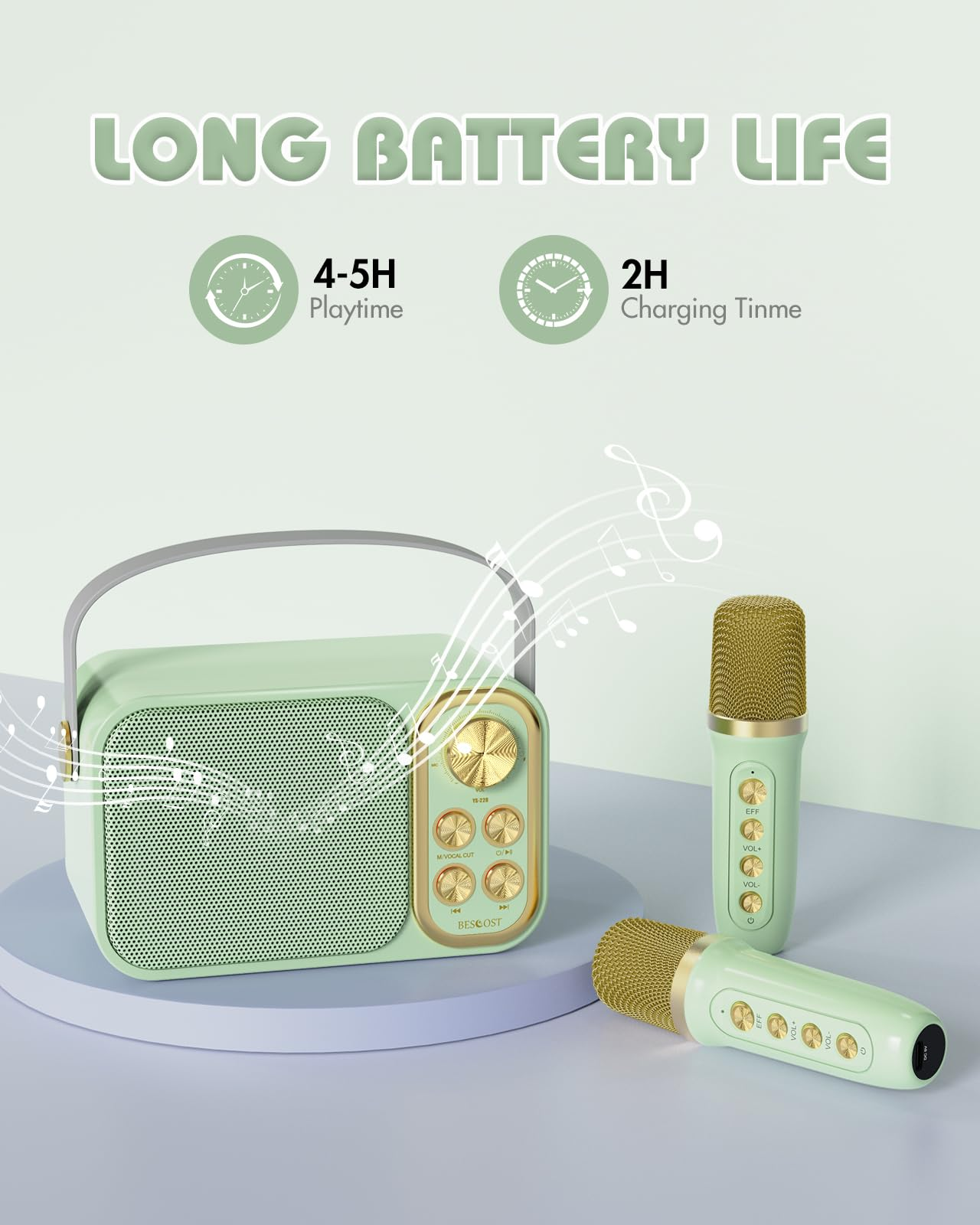 Ein grünes Radio mit Griff, goldenen Knöpfen und einem Mikrofon. Der Text lautet 'LONG BATTERY LIFE'.